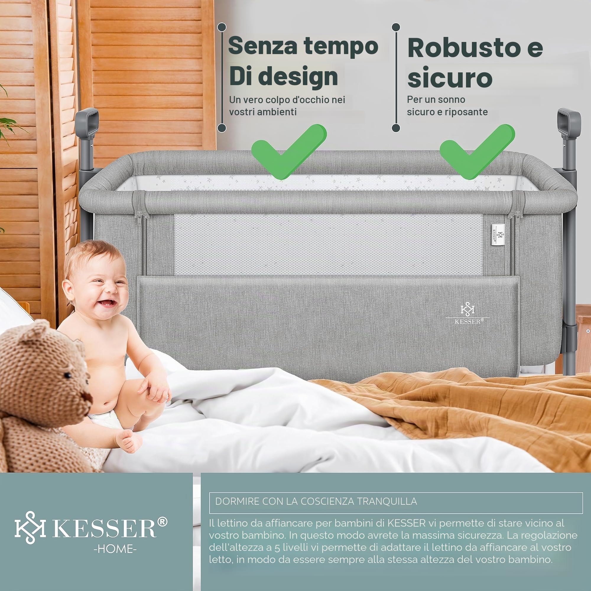 KESSER® Hubi 3in1 Culla da viaggio Culla per bambini con materasso morbido, con rotelle, 5 regolazioni in altezza, pannello laterale pieghevole per la casa e in viaggio, grigio chiaro