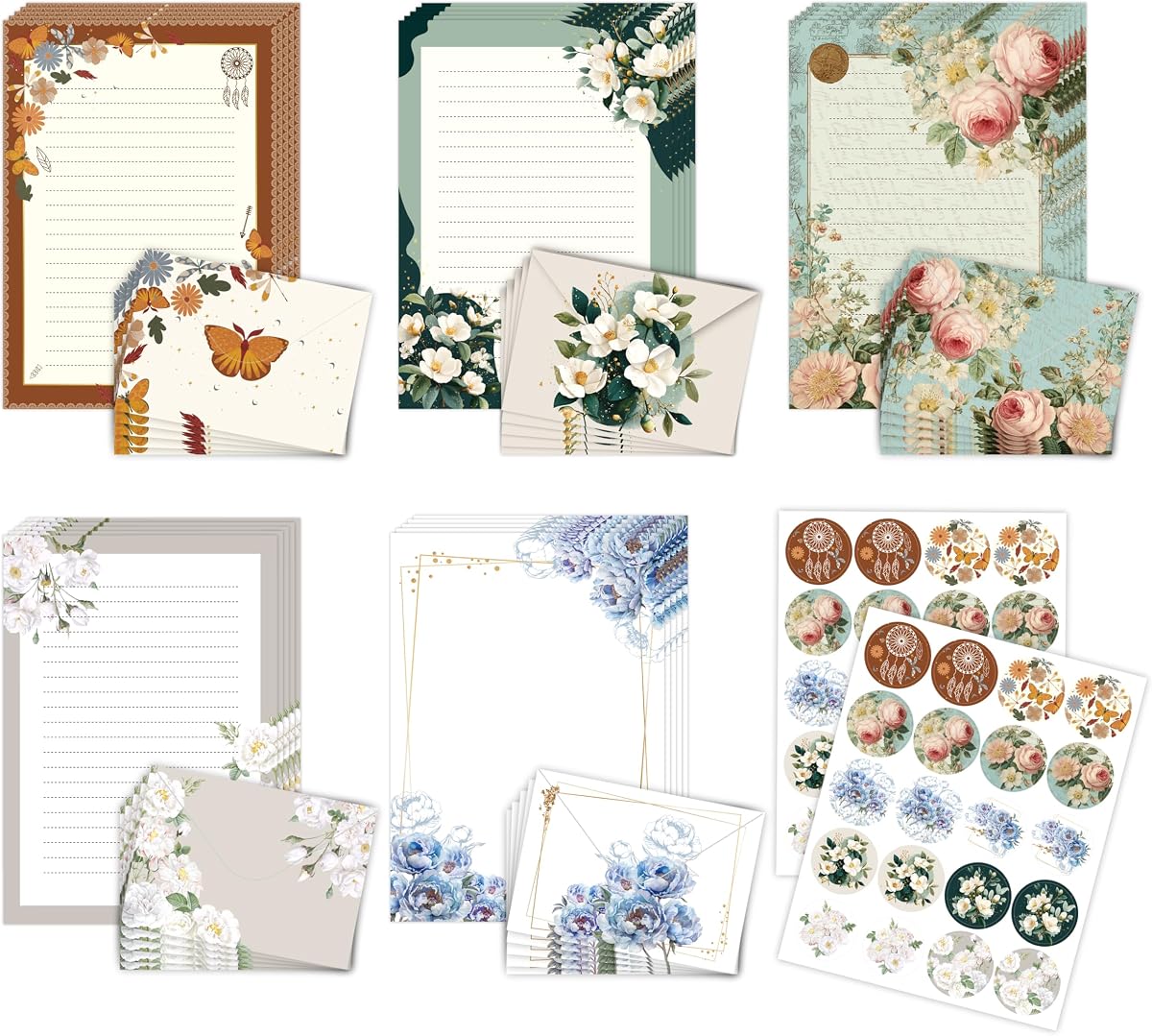Vintage Rose Stationery Set, 5 Styles Letter Kit with 25 Envelopes, 25 Lined Paper, 2 Sheets Stickers (40pcs), Floral Stationery for Pen Pal, Invitations, 90 Pcs Total