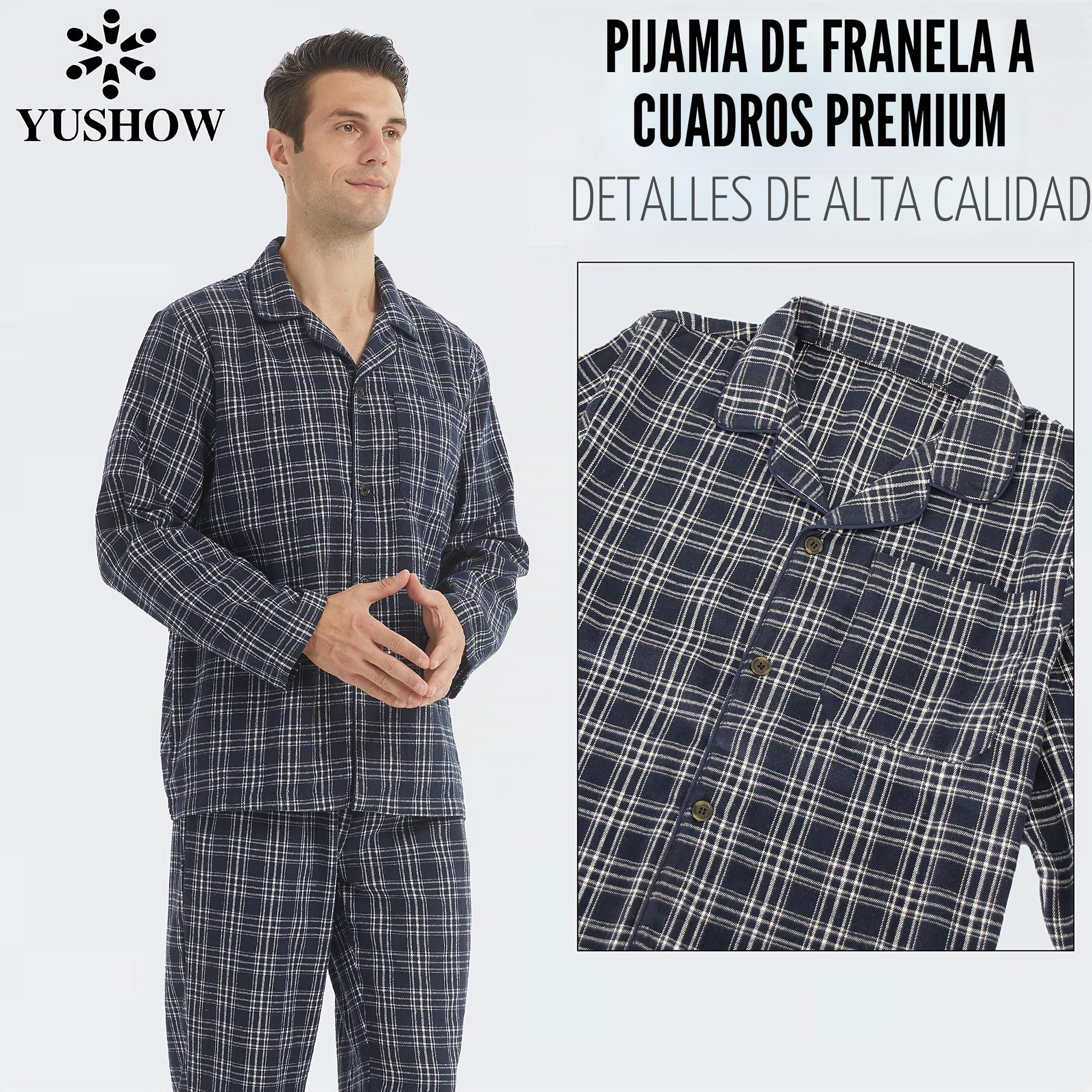 YUSHOW Pijama Hombre Invierno Algodón Franela a Cuadros Manga Larga Pantalón con Bolsillos Conjunto de Pijama Cómodo Ropa de Dormir de Dos Piezas