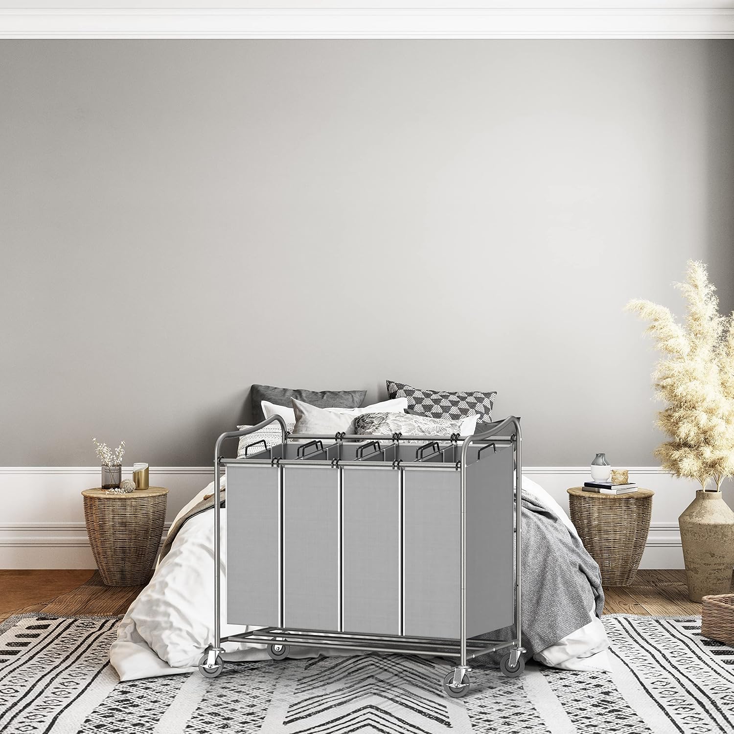 SimpleHouseware 4-Bag Heavy Duty Laundry Sorter Rolling Cart, Silver