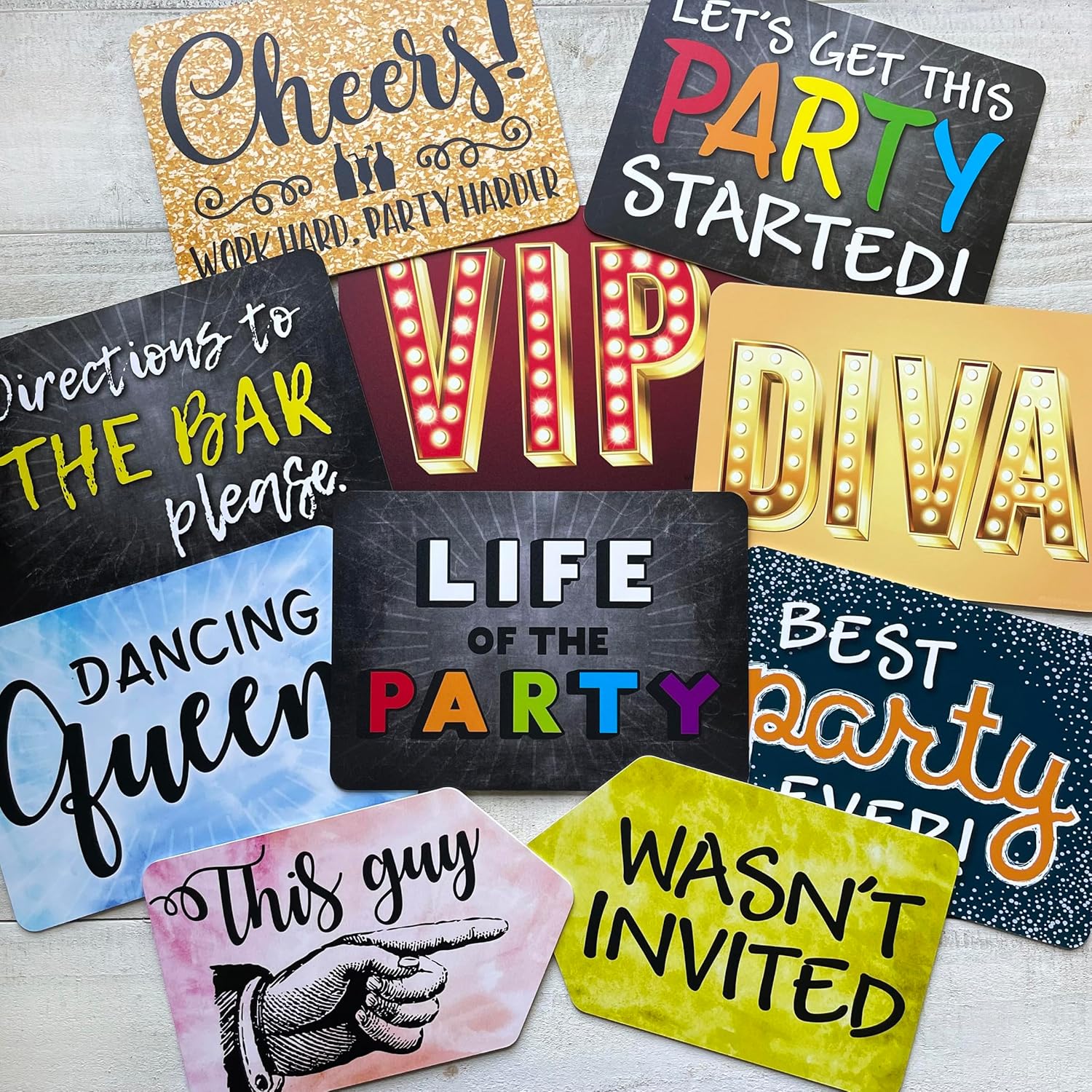 Plastic Photo Booth Prop Signs - Set of 10 Phrases - PARTY Mix