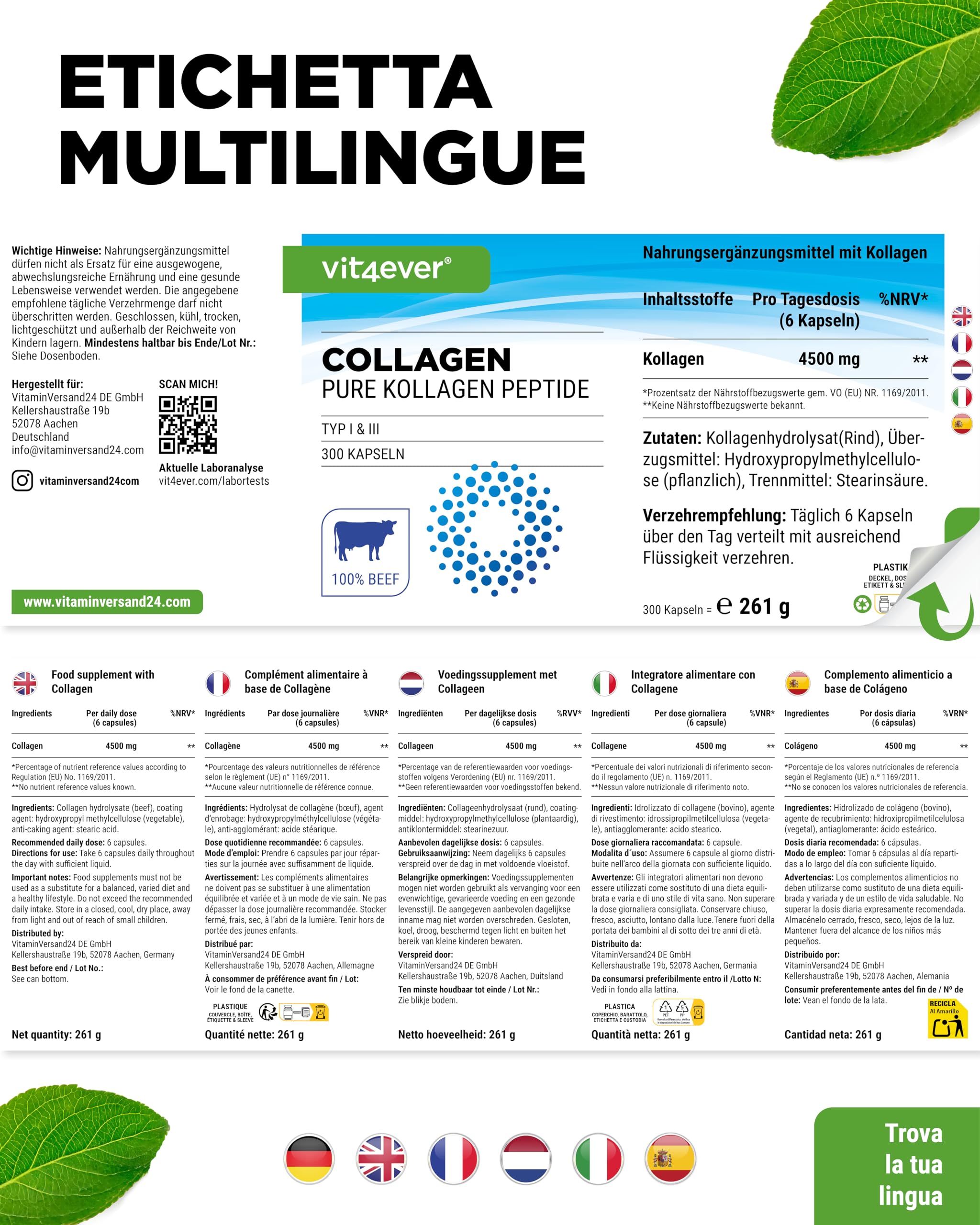 Collagen 300 capsule - 4500 mg di peptidi idrolizzati di collagene bioattivi per dose giornaliera - Collagene di tipo 1 e 3 - Alternativa alla polvere - Alto dosaggio