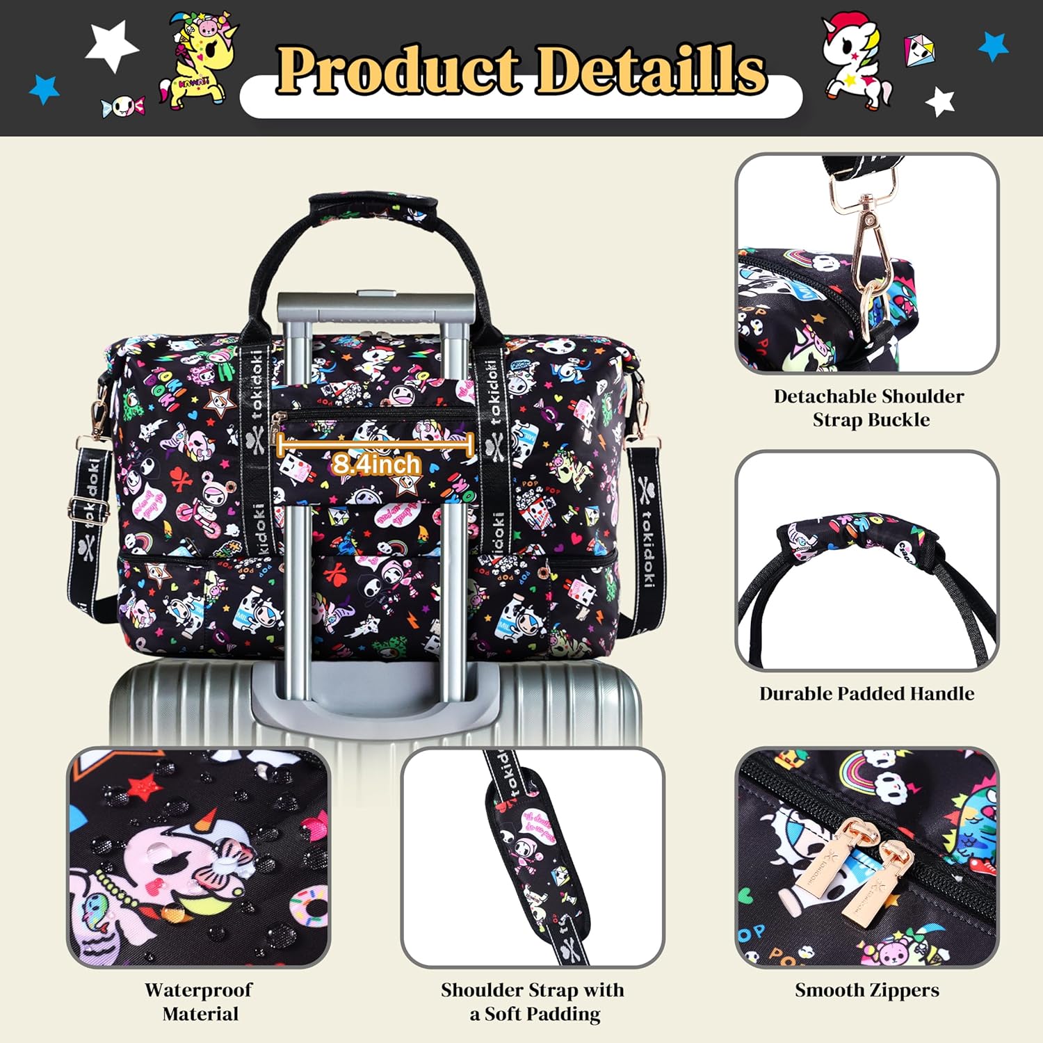 Tokidoki Travel Duffle Bag with Cosmetic Bag 2PCS Unicorno Weekender Overnight Bag Gym Bag Hospital Dance Bag for Women Large Capacity Travel Tote with Shoe Compartment (Travel Set-Black)