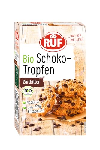 RUF Bio Schoko-Tropfen Zartbitter, backfeste Schokoladen-Tröpfchen in Bio-Qualität, ideal zum Backen & Dekorieren, glutenfrei & vegan, 1 x 100g