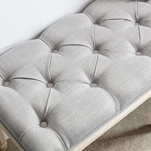 Miniatura 31 de Banco de entrada tapizado de tela, banco de piano copetudo para 2 personas, patas de madera de goma con hermoso patrón tallado para dormitorio, sala