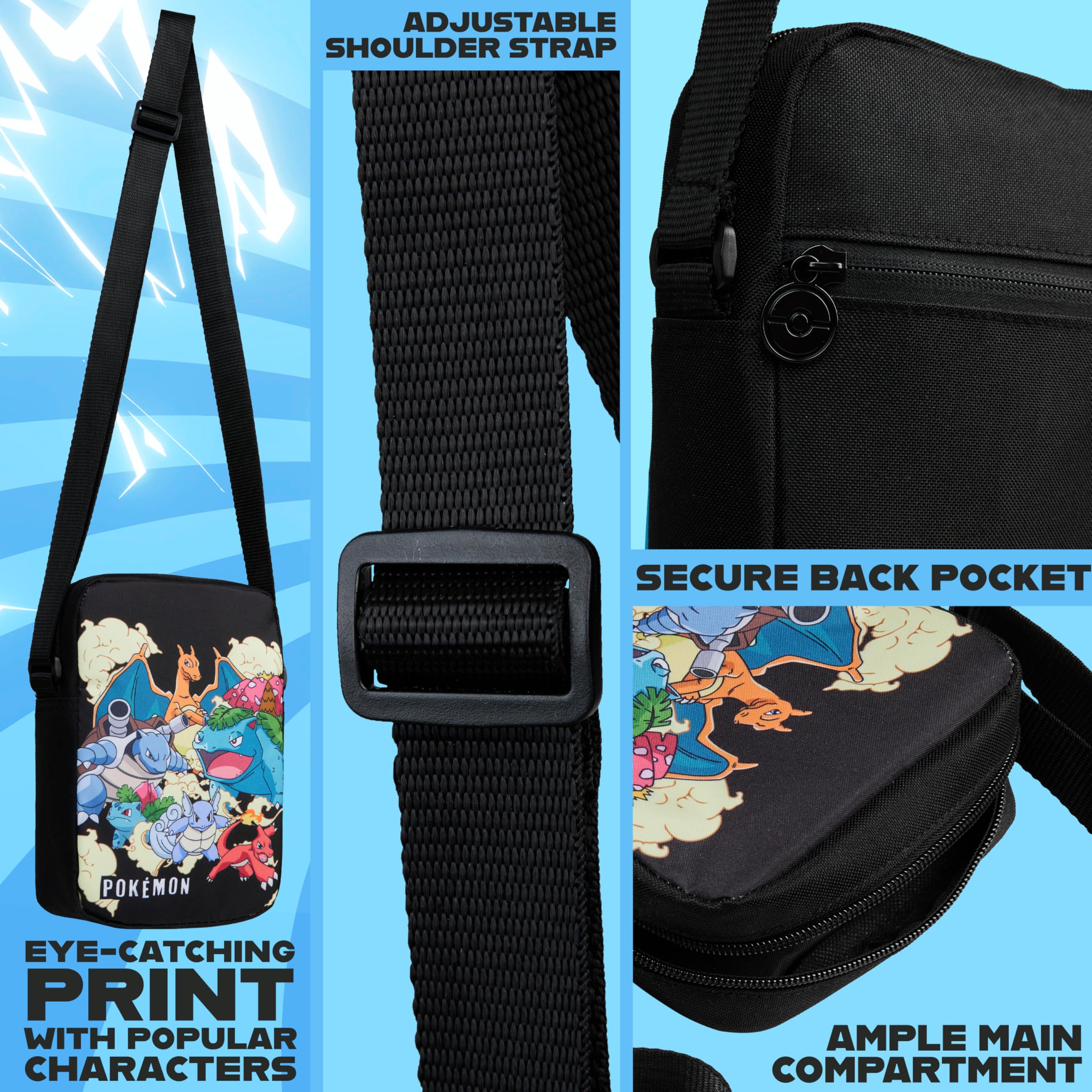 Pokemon Crossbody Bag for Kids, Small Shoulder Bag for Travel, Pikachu Gengar Eevee, Anime Gifts for Girls
