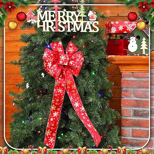 Miniatura 4 de Kigeli 12 Pcs Large Red Velvet Christmas Bow 10" x 26" Handmade Big Xmas Wreath Bows Tree Topper Snowflakes Bow Indoor Outdoor Decoration for Fences