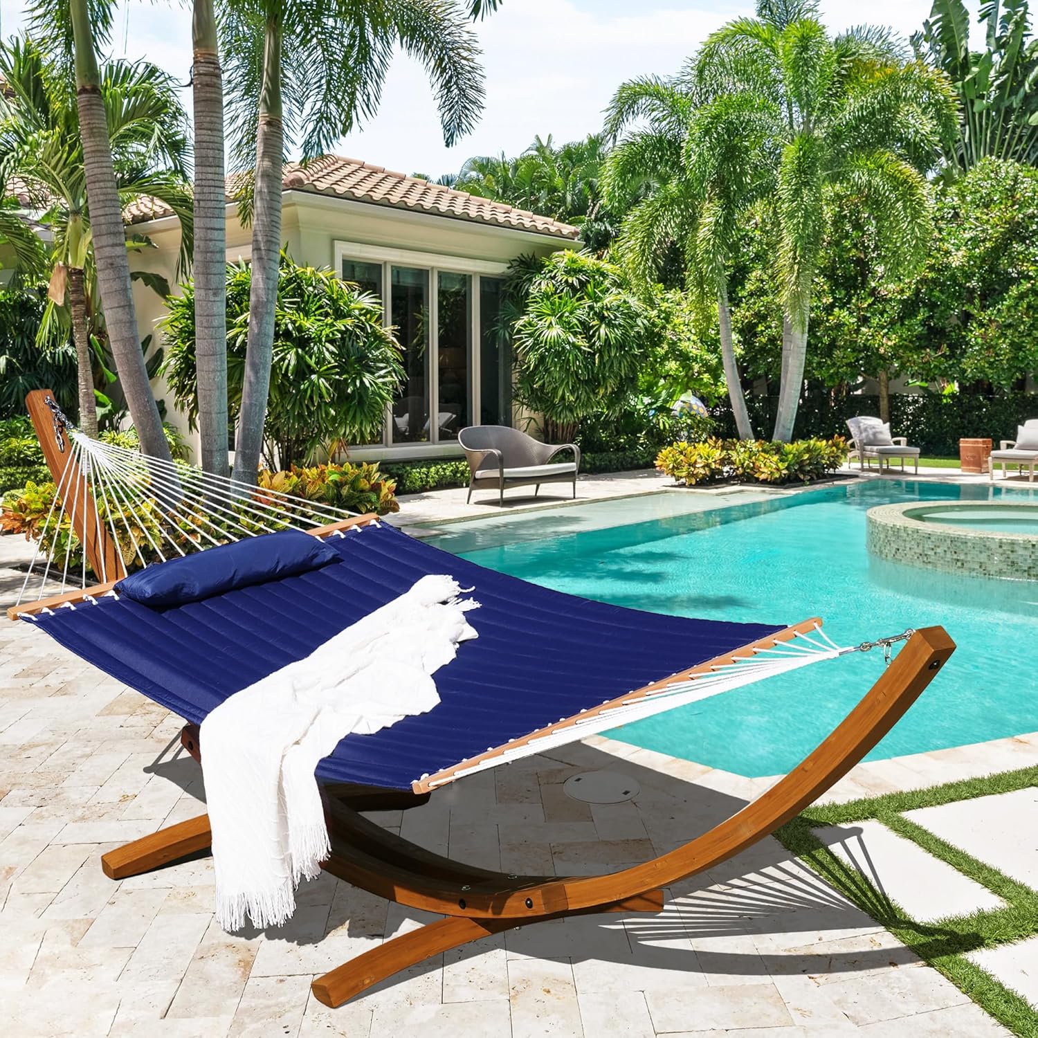Lazy Daze Hammocks 12 FT Double Quilted Fabric Hammock and 13 FT Brown Wood Arc Stand, with Spreader Bar, Removable Pillow, 2 Person Hammock for Poolside Outdoor Patio, 450 lbs Capacity, Navy Blue