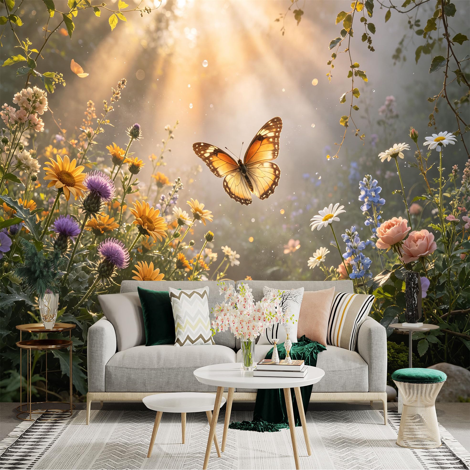 Lnzczhyre Bh260719684 Custom Size Wall Sticker Mural， Orange Butterfly， Vibrant Wildflowers， Sunlit Meadow， Nature Scenery， For Wall Decoration， Peelandstick Wall Decals.