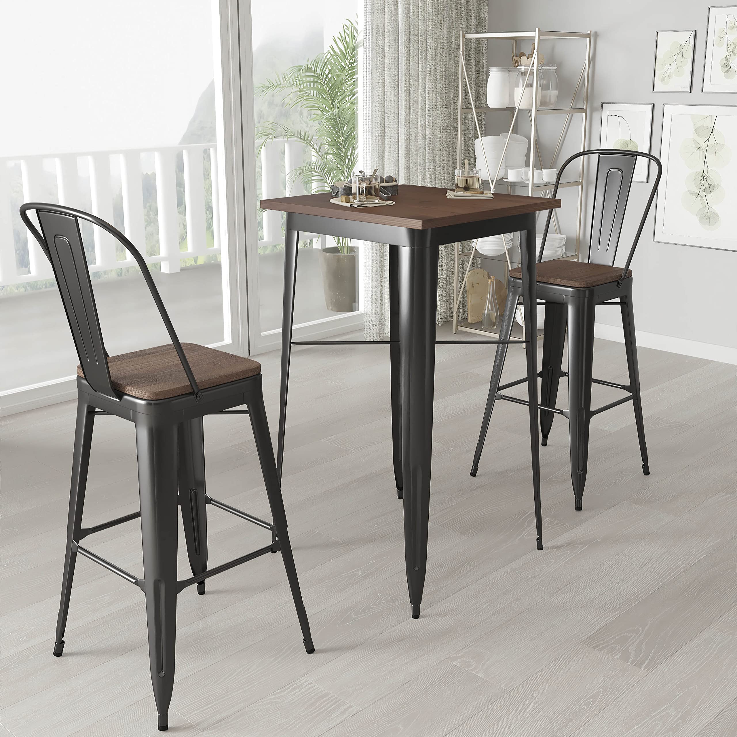 Merrick Lane 23.5" Dining Table for Indoor Use - Black Galvanized Steel Frame - Walnut Finished Wooden Top with Bracing - 26" Base Width - Rubber