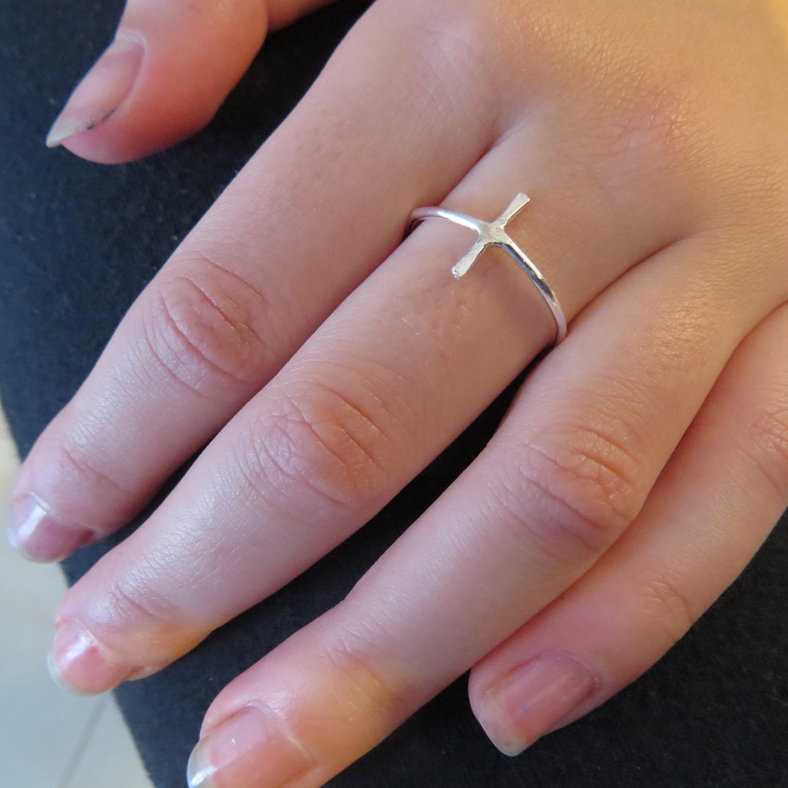 Thin sideways sterling silver cross ring for women, size 6
