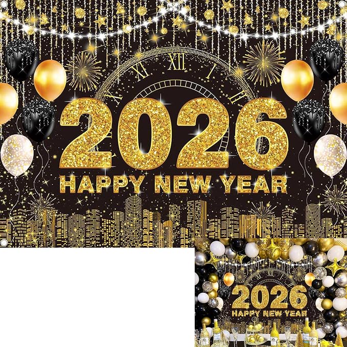 Amazon.com : BINQOO 2026 New Year Eve Backdrop Black Gold Happy New ...