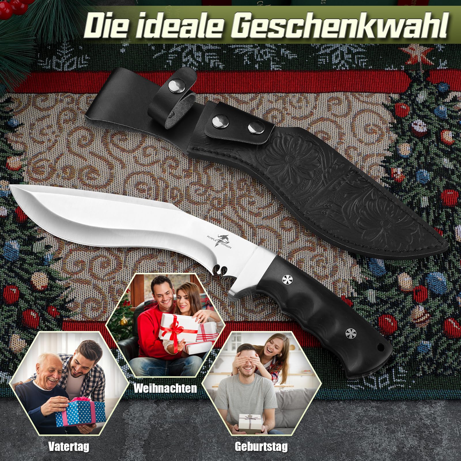 Purple Dragon Großes Outdoor Messer - Feststehende Klinge mit Scheide - Scharfe Bushcraft Camping Messers mit Holzgriff - Full Tang Messers Survival, Geschenke für Männer
