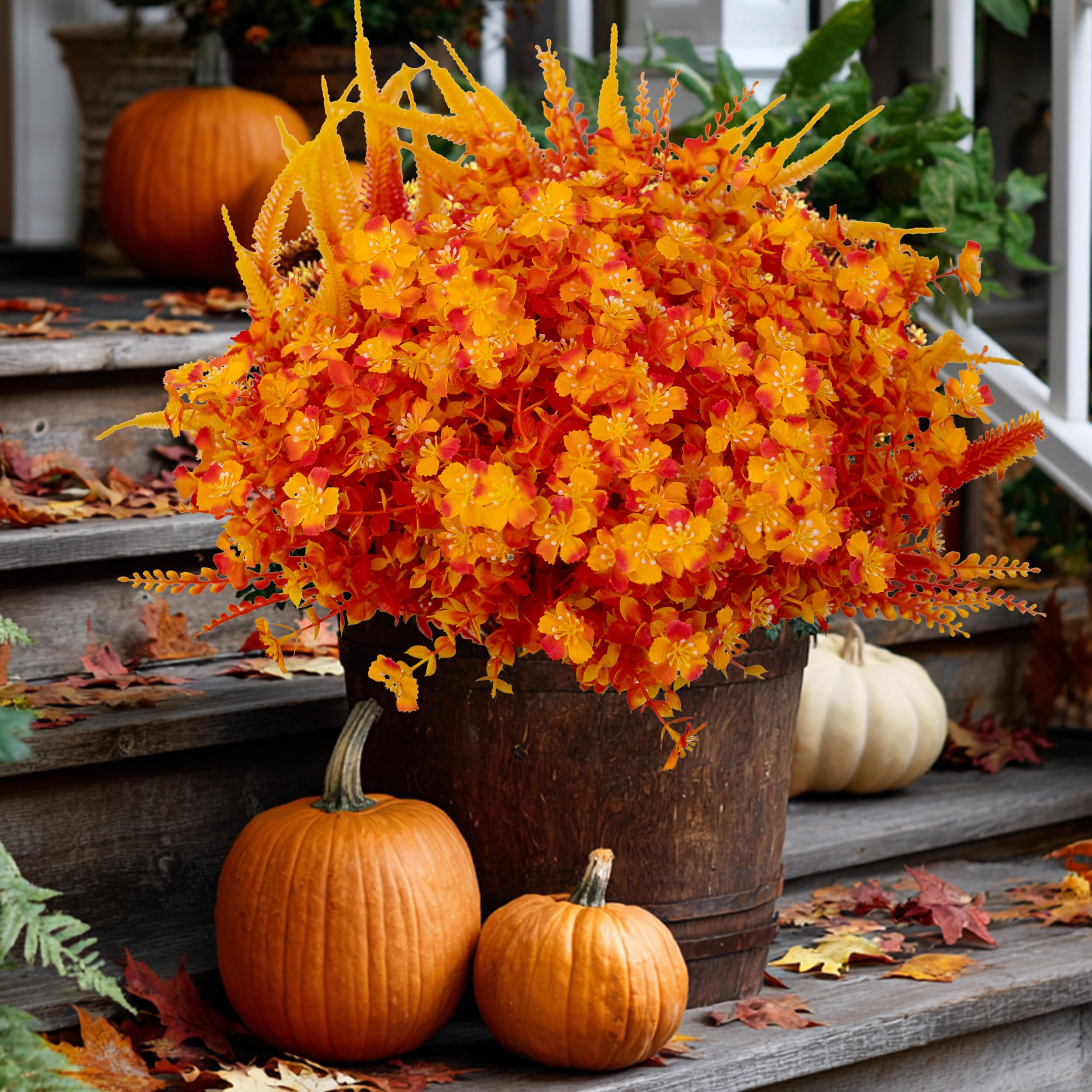 AXYLEX Artificial Fall Flowers for Outdoors Fake Mums - 16 Bundles Faux Fall Decor Plants No Fade Shrubs (16, OrangeYellow)