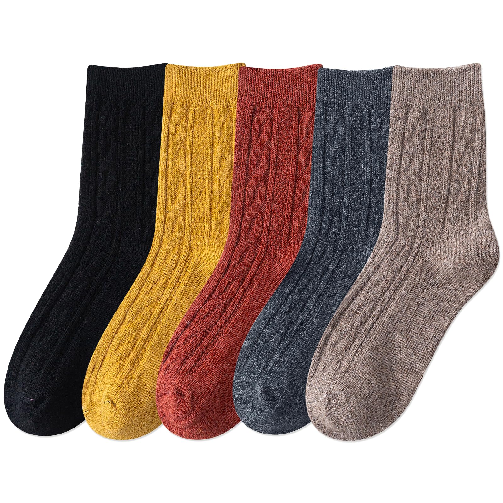 IIG 5 Pairs Women's Vintage Style Thick Wool Warm Winter Crew Socks, Retro Solid Color - 5 Pairs, One Size