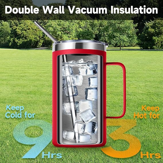 Volhoply 650ml Coffee Thermal Mug Double Wall Vacuum Insulated Stainless Steel Mug with Handle Food Grade 18/8 Stainless Steel Keeps Drinks Hot and Cold for Camping Office (Red Set of 2)