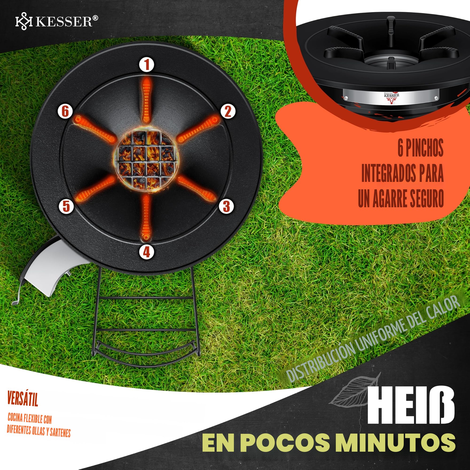KESSER® Horno de Cohetes Con Sartén de Hierro Fundido, Parrilla, Pinzas y Bolsa de Transporte, Horno Holandés Para Barbacoa, Cohete de Leña, Camping, de Acero Inoxidable