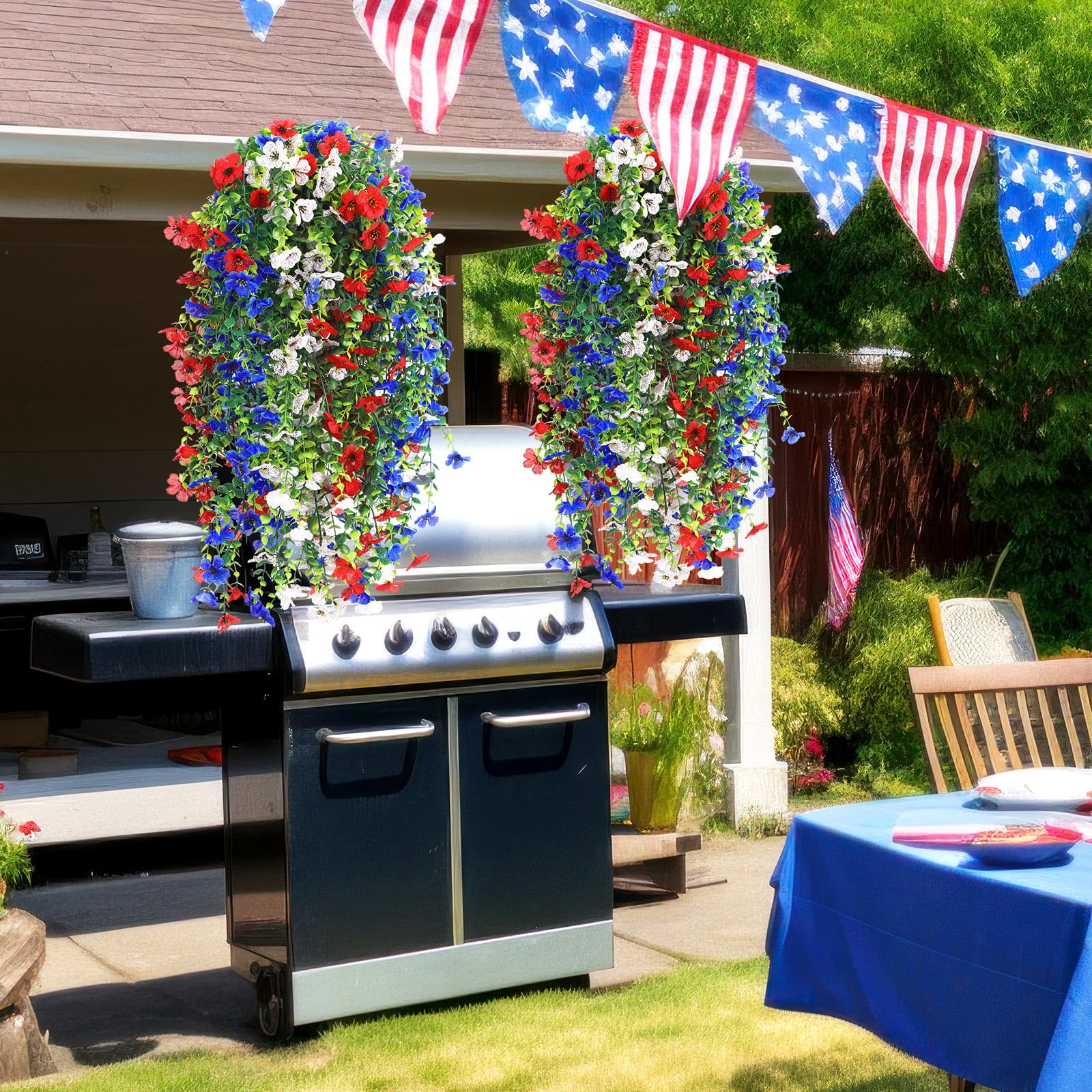 Künstliche Hängeblumen für den Außenbereich, patriotische Seidenmütter, Veilchen mit Eukalyptus, realistisch, UV-beständig, für Veranda, Terrasse, Hof, Innenbereich, Hochzeit, Party