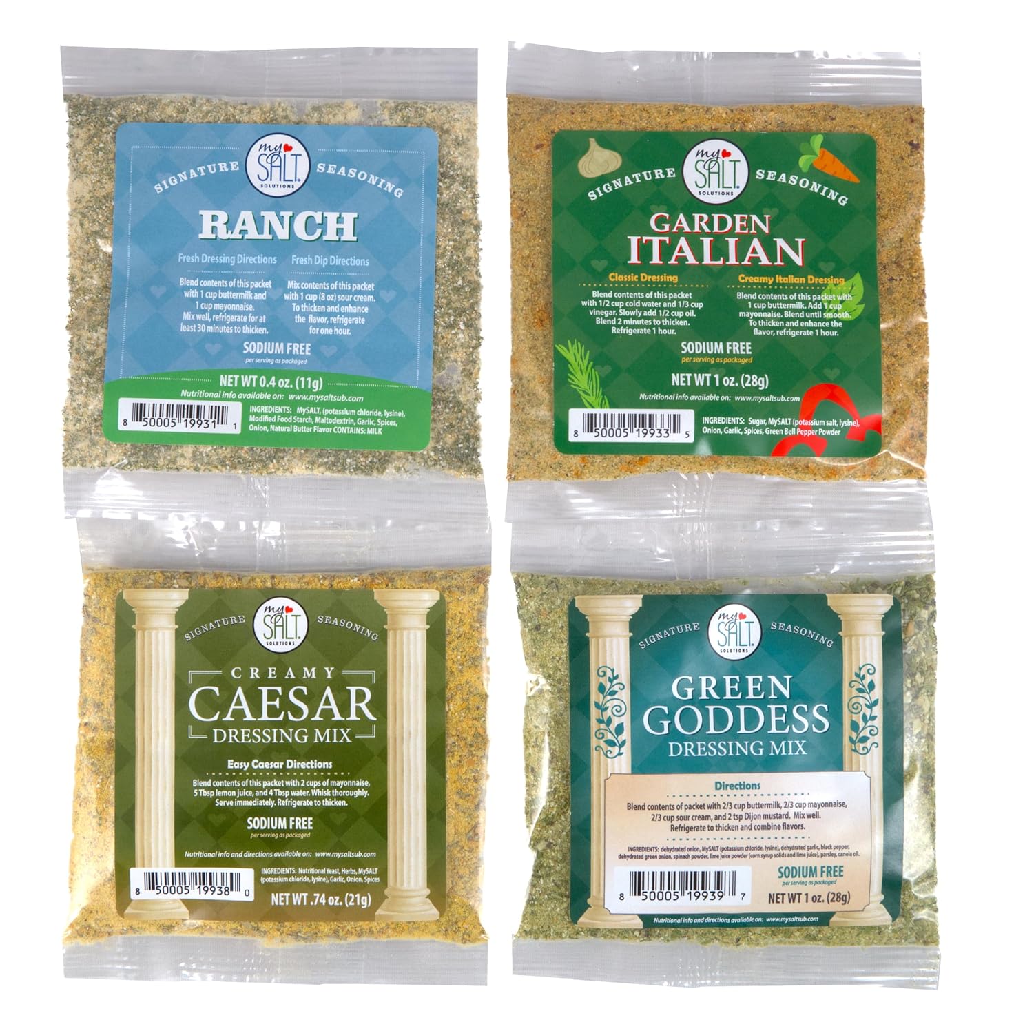 MySALT Restaurant-Style Salad Dressing Mixes, Sodium-Free – 4 Variety Pack