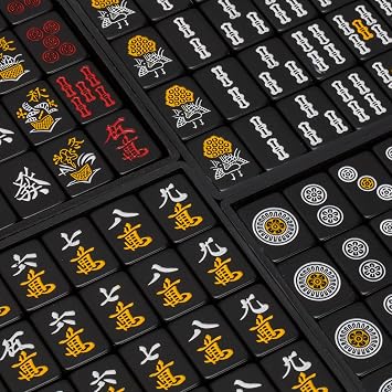 Yellow Mountain Imports Japanese Riichi Mahjong Set - Black Standard Size Tiles and Vinyl Case - with East Wind Tile, Set of Scoring Sticks, Dice