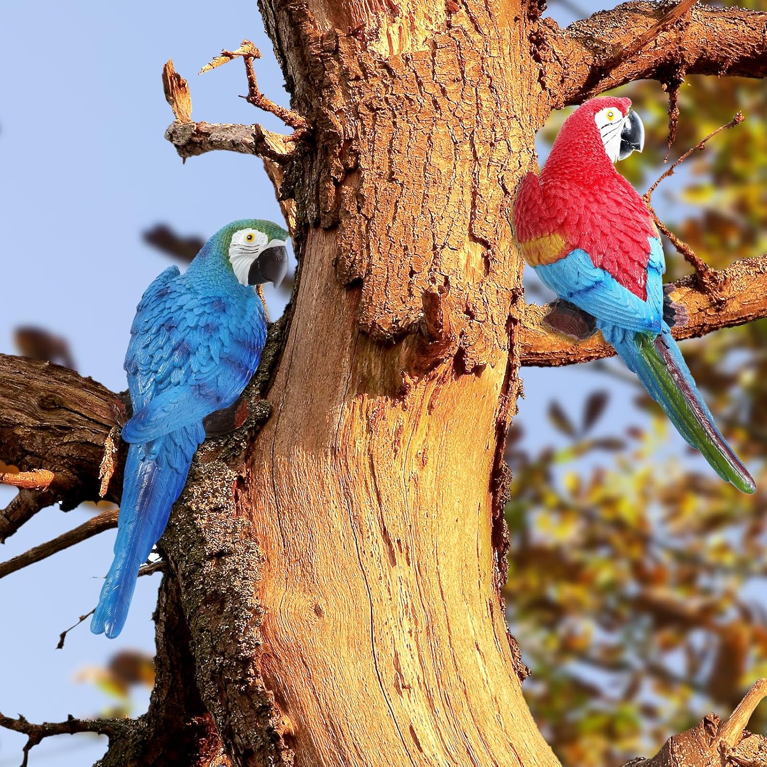 2 Pieces Parrot Decor Outdoor Tiki Bar Decorations Large Realistic Parrot Statues for Outside Lifelike Bird Sculptures Garden Patio Yard Lawn Figurines for Tropical Animal Tree Wall (Red,Blue)