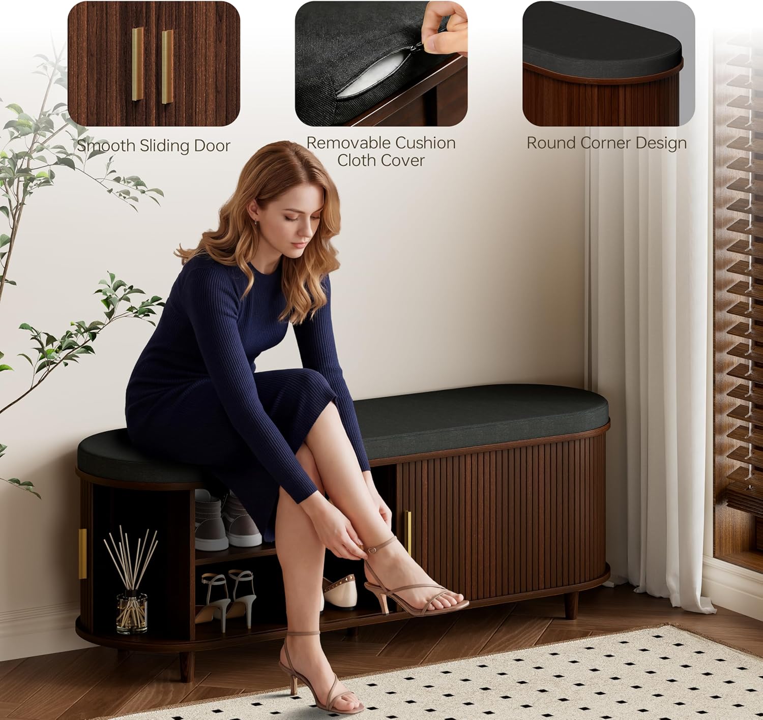 DHH 2-Tier Storage Bench,Wide Shoe Bench with Thickened Padded Seat Cushion, Mid Century Modern Fluted Sliding Door and Adjustable Shelf, for Entryway, Living Room, Bedroom (Walnut, 51.2”)