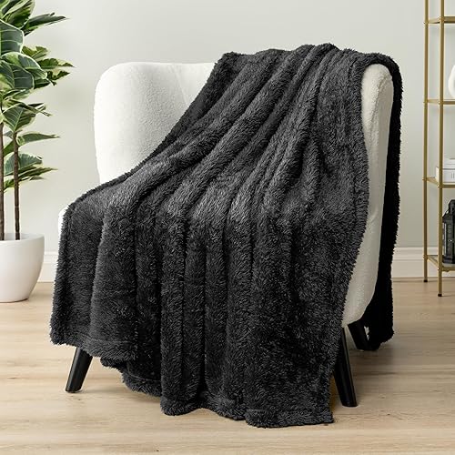 Miniatura 5 de Pavilia Manta de cama Sherpa tamaño King, felpa negra, suave, acogedora, esponjosa, ligera, de microfibra, para todas las estaciones, 90 x 108
