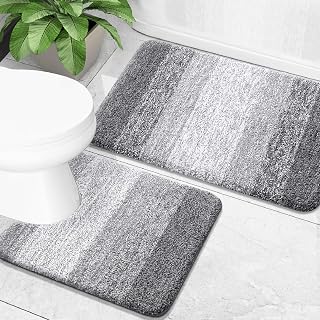 OLANLY 2-Piece Grey Microfiber Bathroom Rug Set - Plush Absorbent Bath Mat & U-Shaped Toilet Rug, Non-Slip TPR Backing, Machine Washable (24x16 + 24x20)