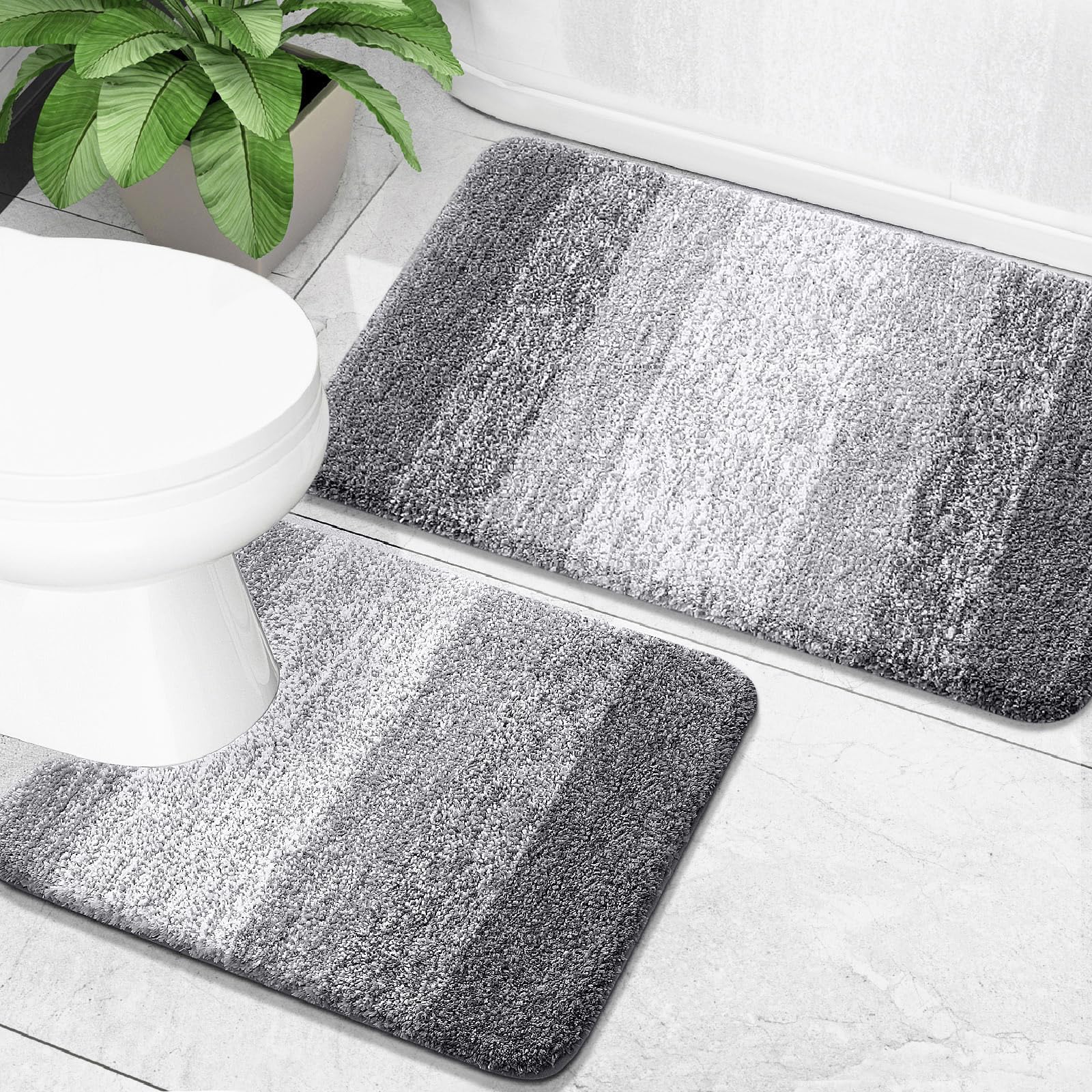OLANLY Bathroom Rug Set 2 Piece, Soft Absorbent Microfiber Bath Mats and U-Shaped Contour Toilet Rug, Non-Slip, Machine Wash Dry, Plush Shaggy Bath Mats for Bathroom (24"x16"+24"x20", Grey)