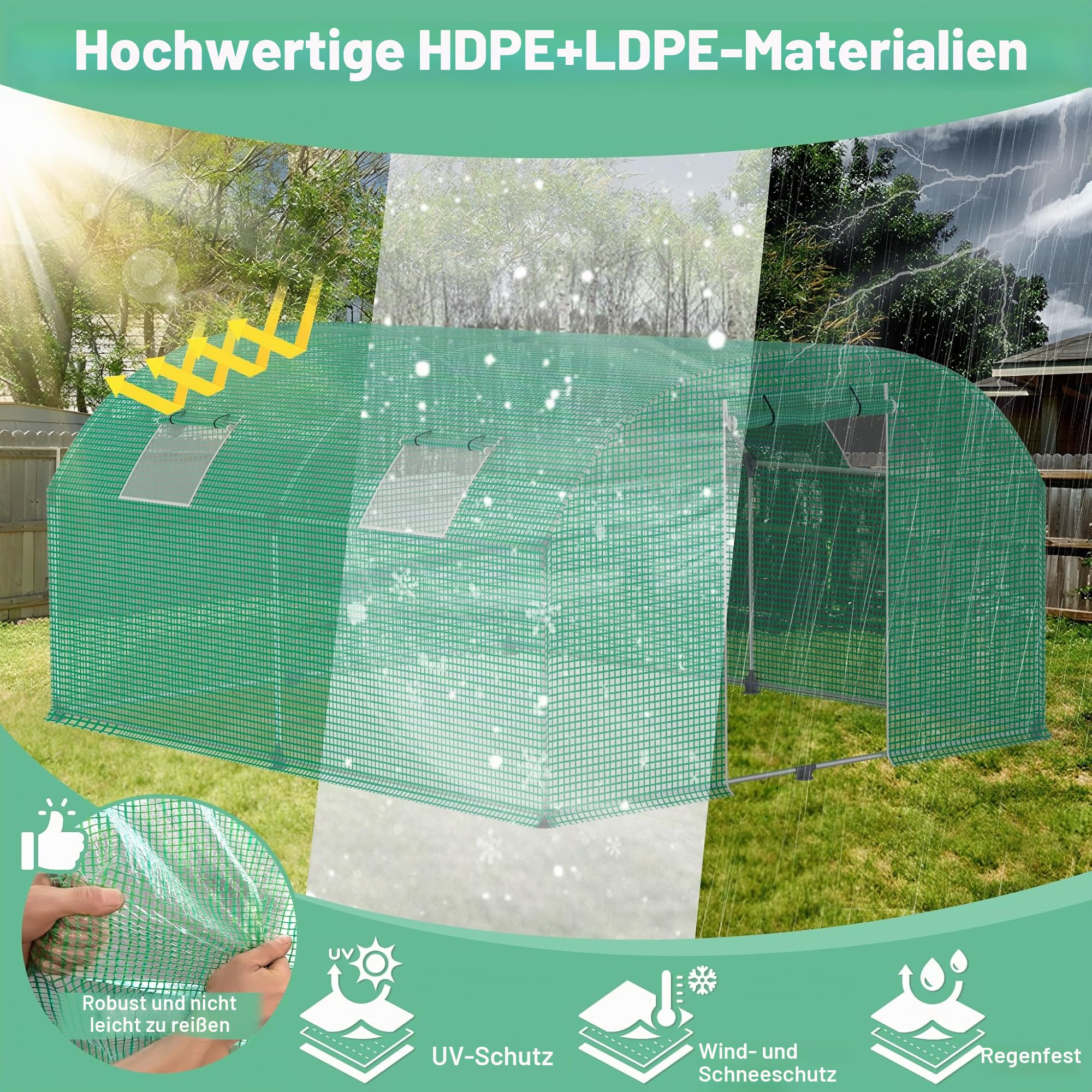 Aufun Folien-Gewächshaus Stabil 3x6x2 m mit 6 Fenster mit Moskitonetz & Tür | Gartentunnel mit Rahmen aus verzinktem Stahl | Tomatengewächshaus, Folienzelt, Pflanzenzelt Foliengewächshaus für Garten