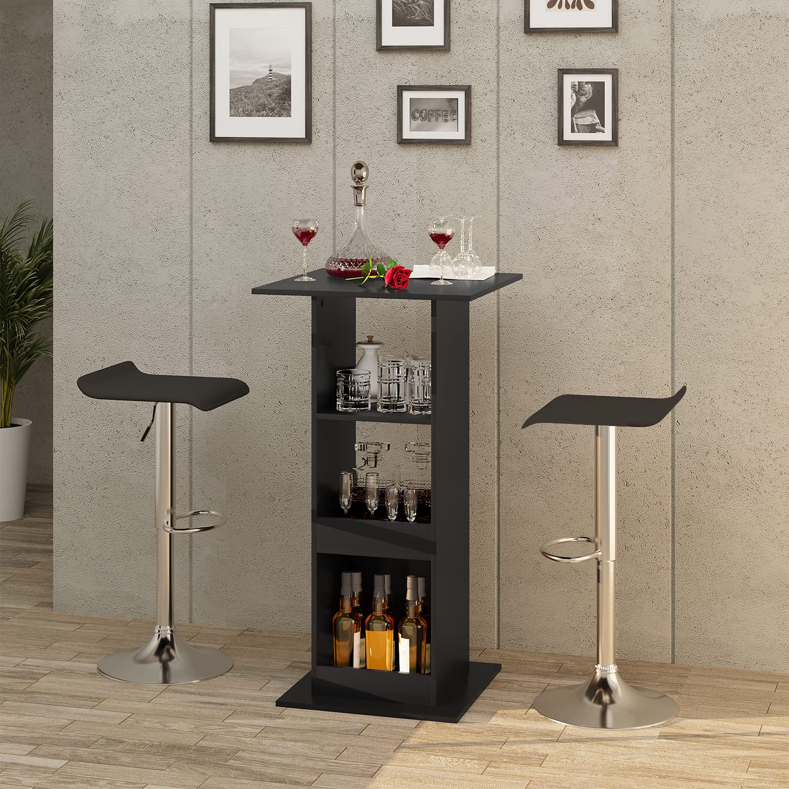 WOLTU Table de Bar Carrée avec 3 Étagères, Petite Table d'Appoint pour Salle à Manger, Cuisine, Salon, en Panneau de Bois d'Ingénerie, Noir, 60x60x109cm