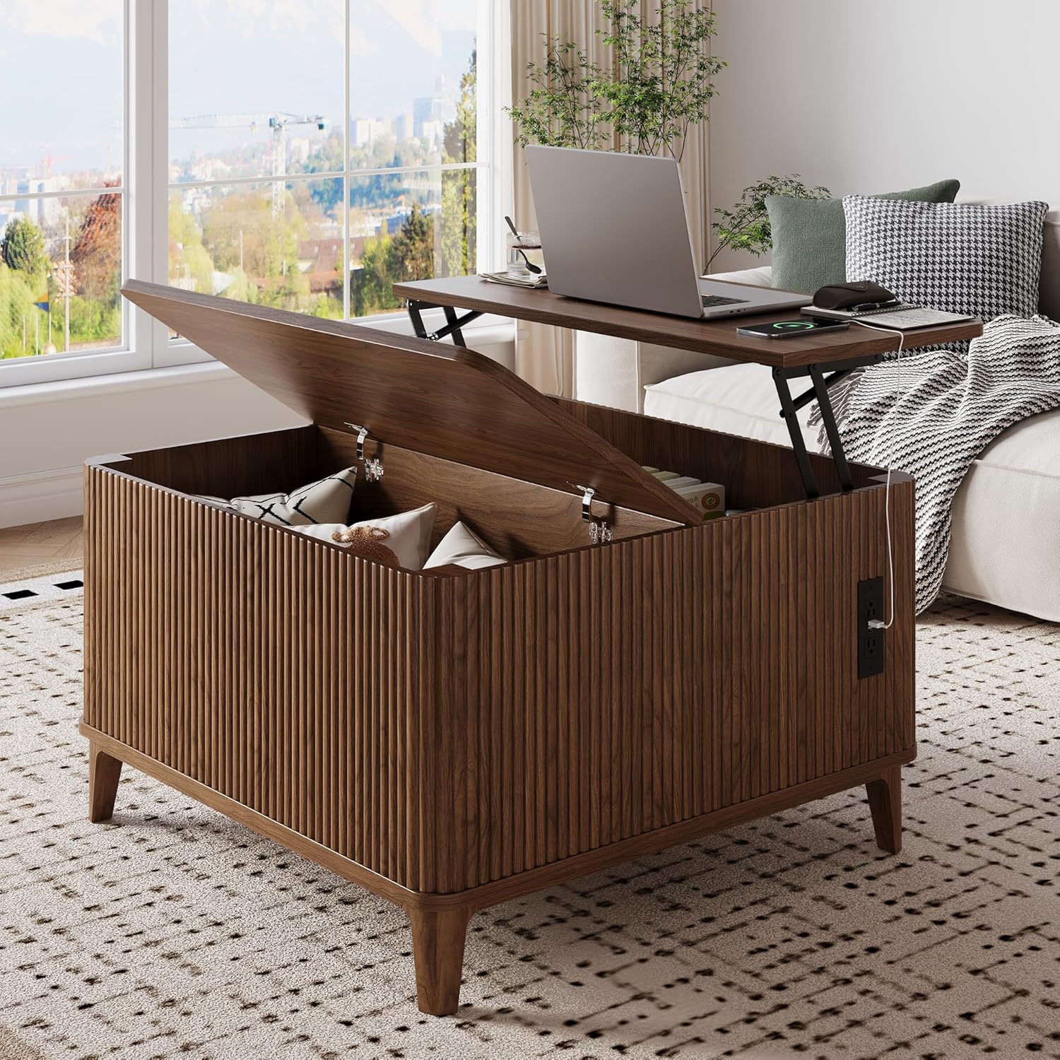 31.4" Square Coffee Tables for Living Room, Fluted Lift Top Coffee Table with Storage, Mid Century Modern Center Table, Giratree Stand Up Coffee Table for Home Living Room Office