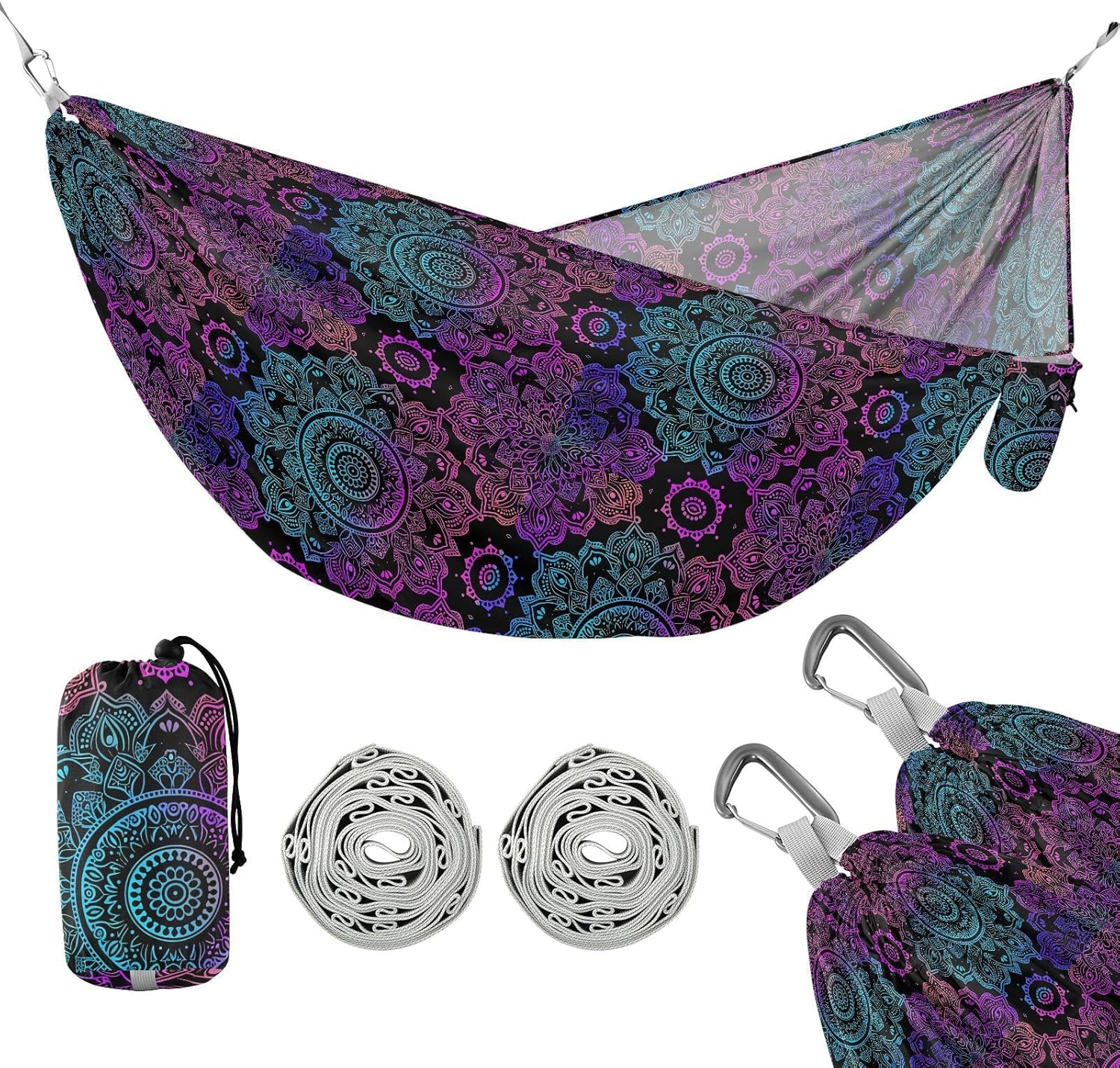 ALAZA Rainbow Mandala Flower Boho Camping Hammocks Single or 2 Person 500 lbs Portable Parachute Travel Hammock w/Tree Straps for Hiking Backpacking Indoor Outdoor