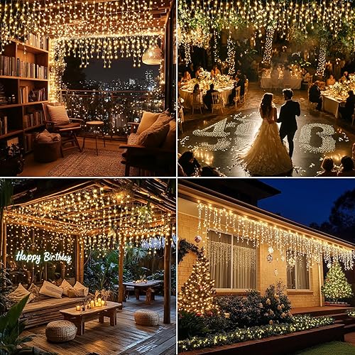 Miniatura 8 de Luces de carámbano para decoración de Navidad, 60 + 16 pies, 600 luces LED de carámbano para exteriores con temporizador conectable, memoria