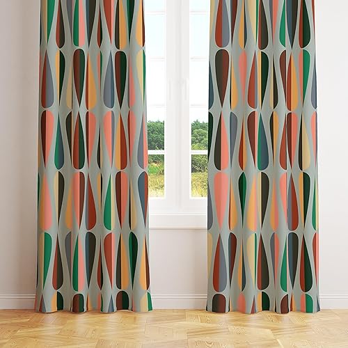 Cortinas de mediados de siglo, coloridas formas geométricas abstractas con patrón de caída para dormitorio, sala de estar, cortinas con bolsillo