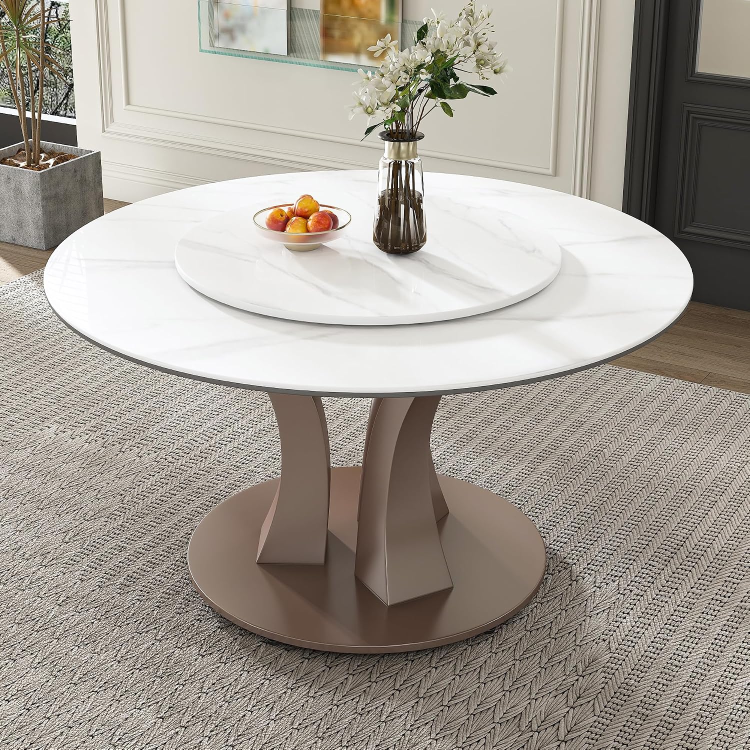 Montary 53” Modern Round Dining Table for 4-8 Seat, Artificial Marble Dining Room Table with Lazy Susan, Morán Purple Tree Branch Stainless Steel Base, Sintered Stone Top Dining Table (Only Table)