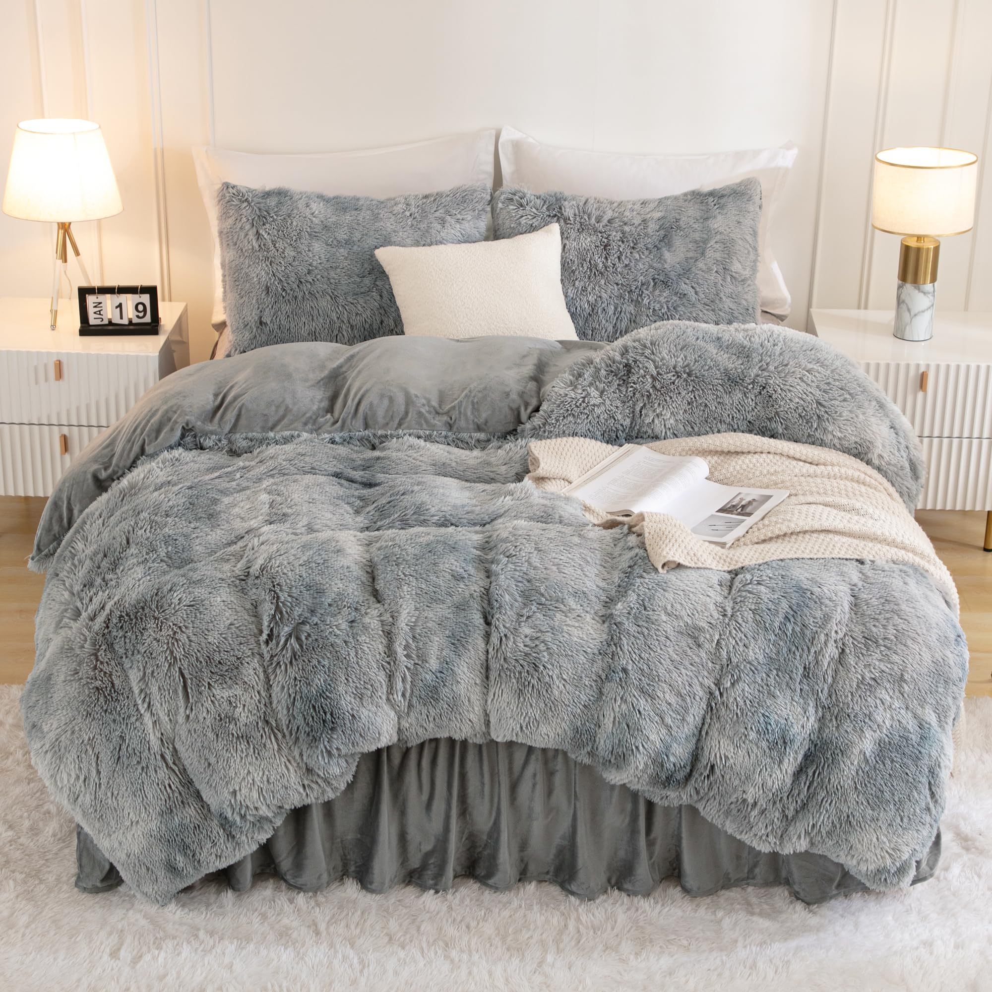 Andency Tie-Dyed Gray White King Size Comforter Set, Fluffy Bedding Set | Winter Soft Plush Velvet Faux Fur Bedding Comforters Set for King Size Bed,