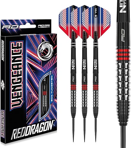 RED DRAGON Vengeance Series - Juego de dardos de tungsteno prémium con puntas de acero y tallos