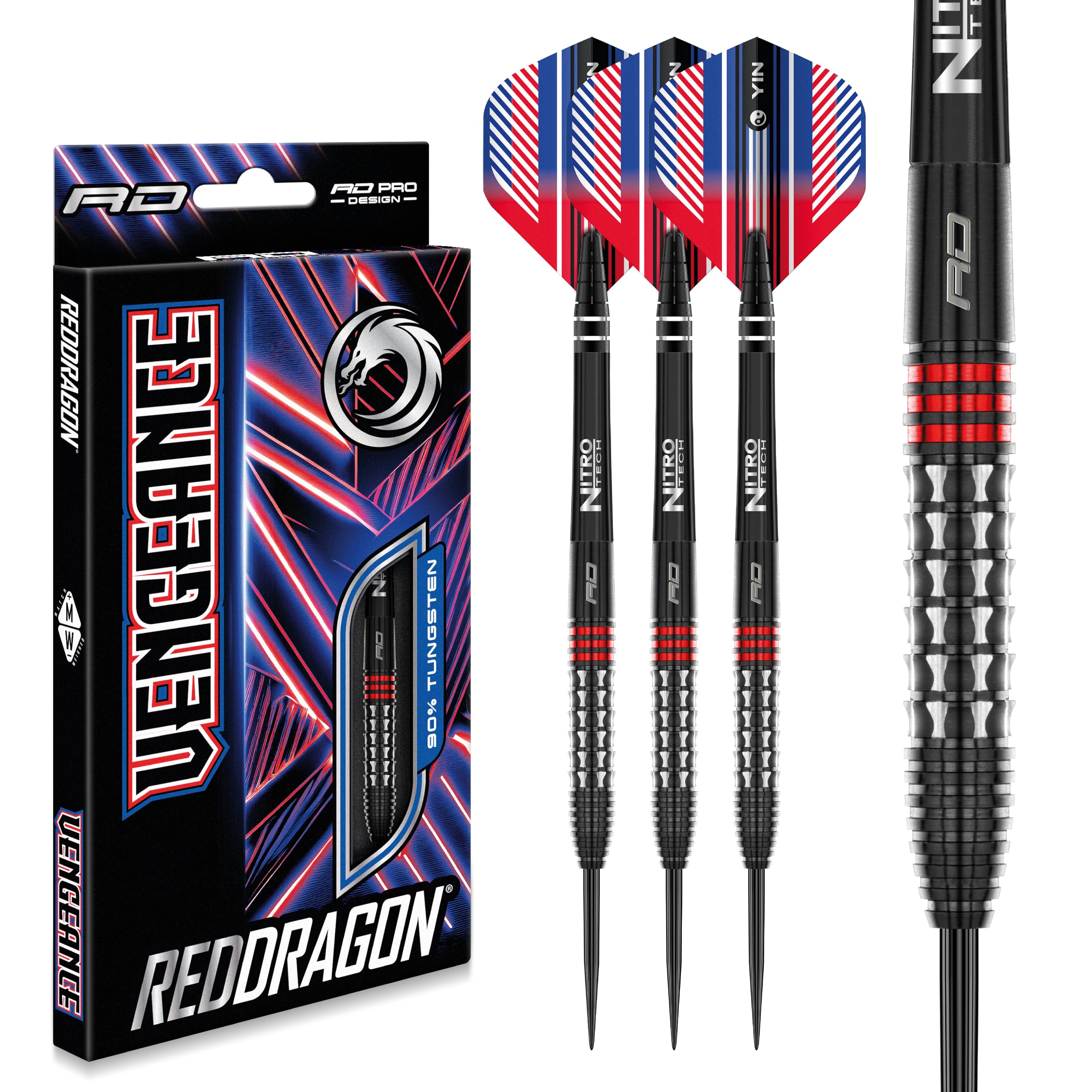 RED DRAGON Vengeance 90% Tungsten Darts Set – Vengeance Evolution Technology with Hardcore Yin Yang Flights & Nitrotech Ultra Stems