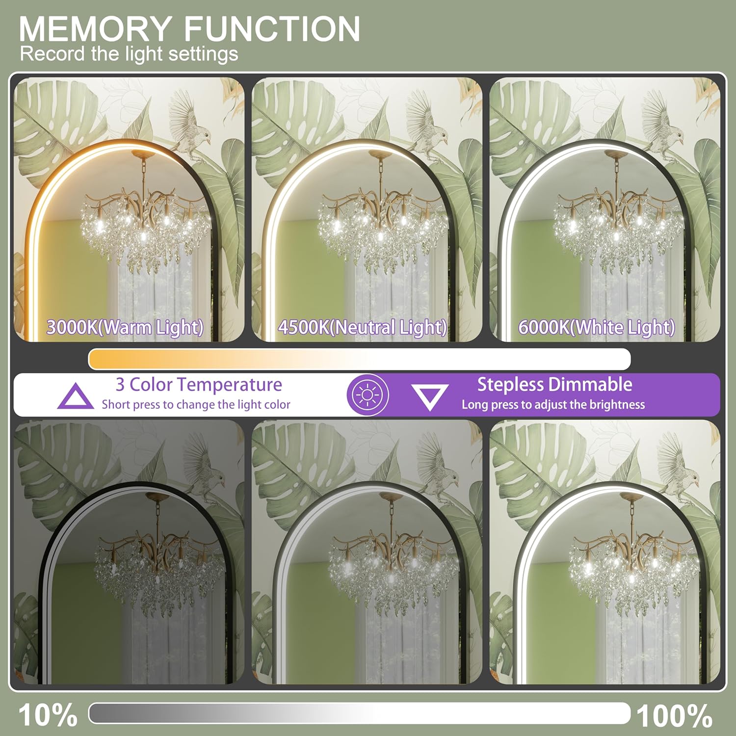 20x30 inch arched led bathroom mirror with lights, adjustable 3000k/4500k/6000k, wall mounted black frame lighted bathroom vanity mirror, anti-fog, dimmable, memory function arch black 30"l x 20"w