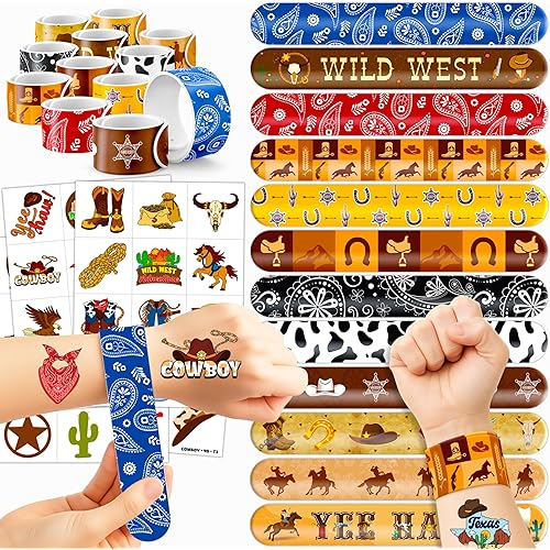 72PCS Cowboy Party Favors - 48PCS Pre-cut Temporary Tattoos & 24PCS Slap Bracelets - Cool Western Rodeo Themed Birthday Supplies, Decorations, Gifts, Classroom Prizes for Kids, Boys & Girls