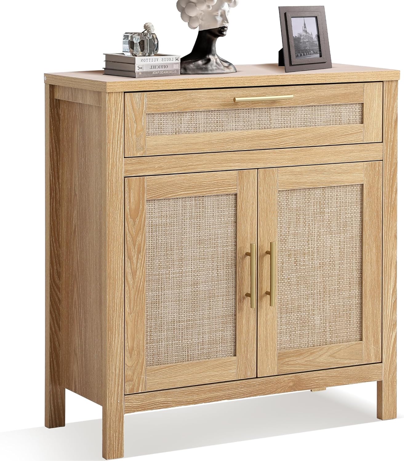 Grepatio Rattan Sideboard Buffet Cabinet, Small Rattan Accent Cabinet with Adjustable Shelf, Boho Coffe Table, Farmhouse Storage Cabinets with Doors and Drawer for Entryway Living Room Narrow Hallway