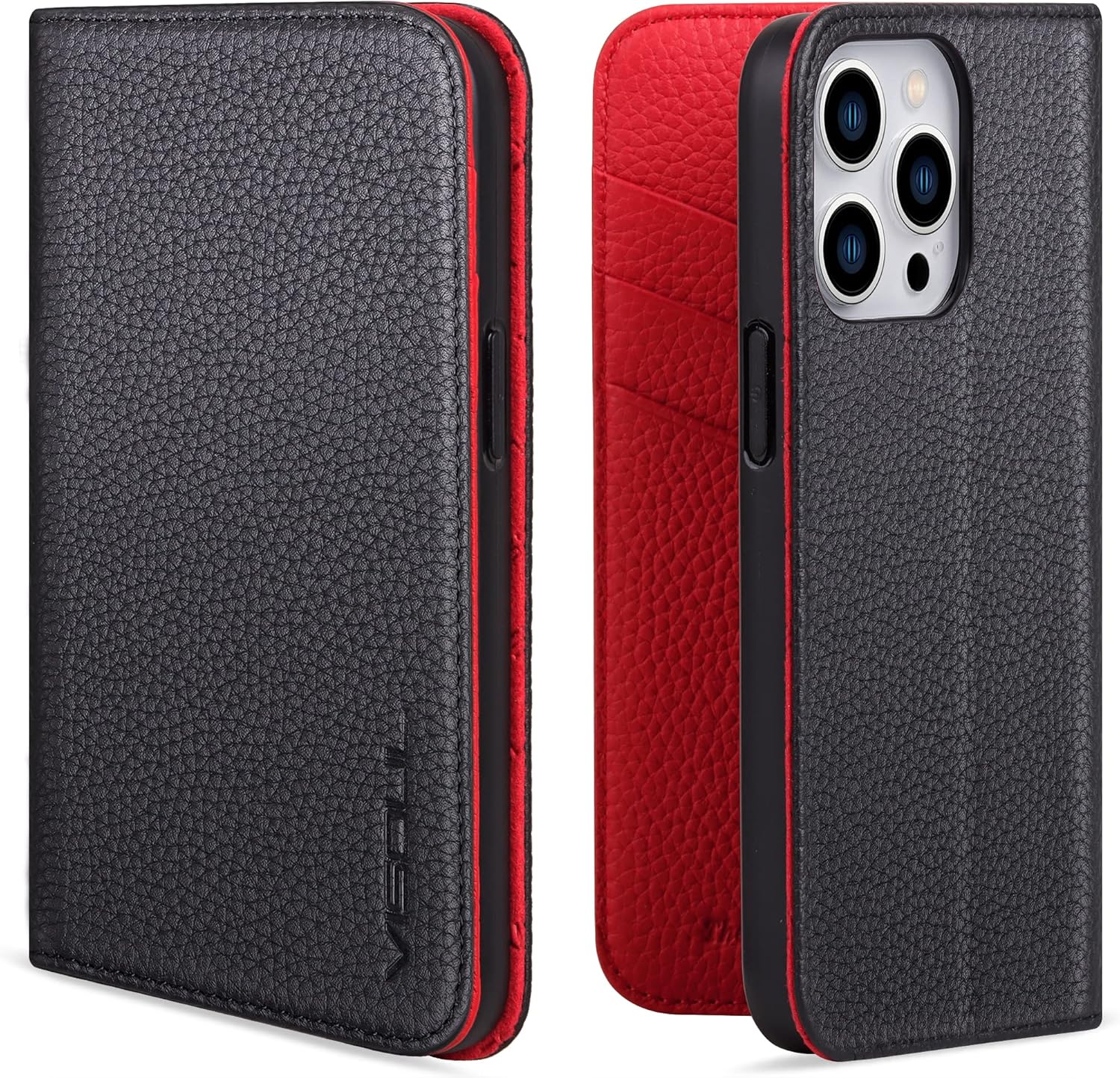 VISOUL Pebbled Leather Wallet Case for iPhone 14 Pro, Genuine Leather Magnetic Flip Folio Case with Card Holder Kickstand Designed for iPhone 14 Pro (6.1")-Black+Red