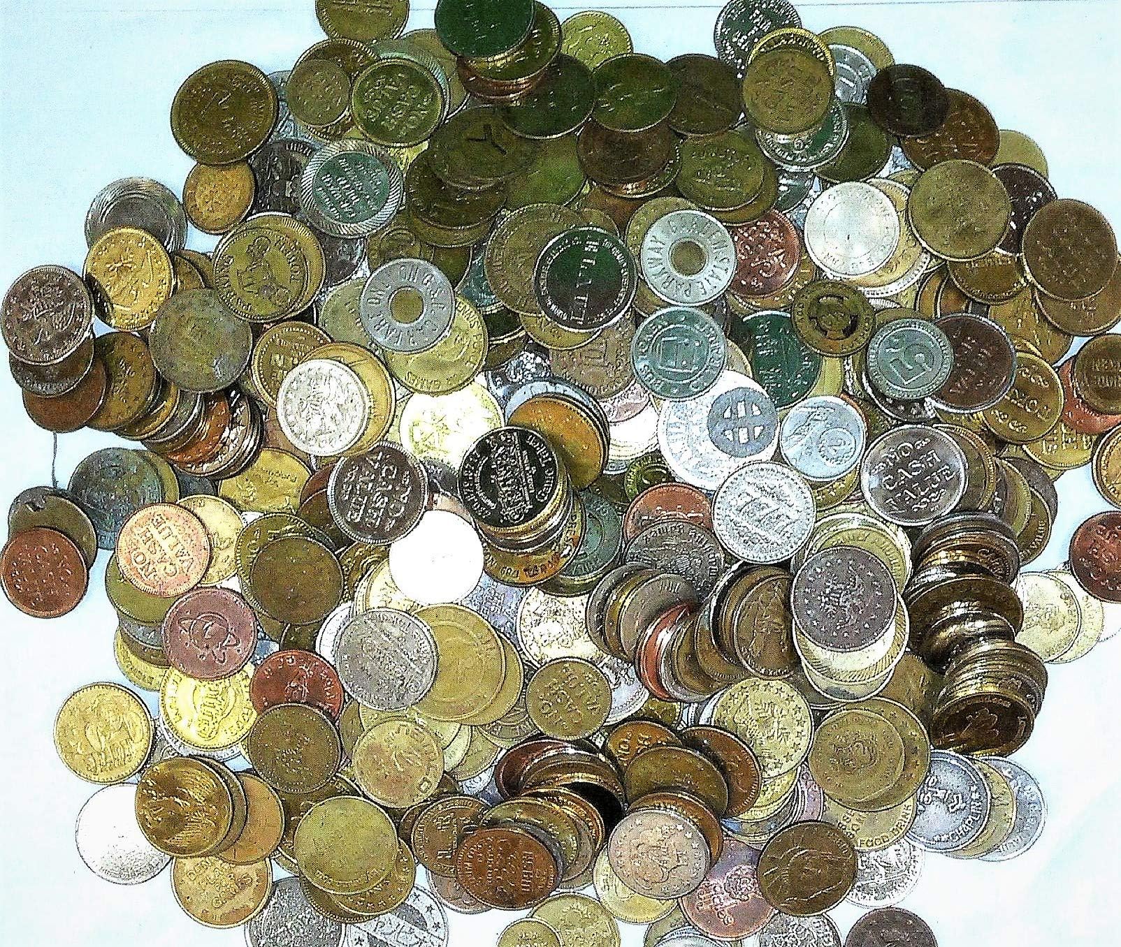 5 POUNDS of Old Tokens Mostly are All Metal from Different Business Arcade, Amusement Transportation,ETC.
