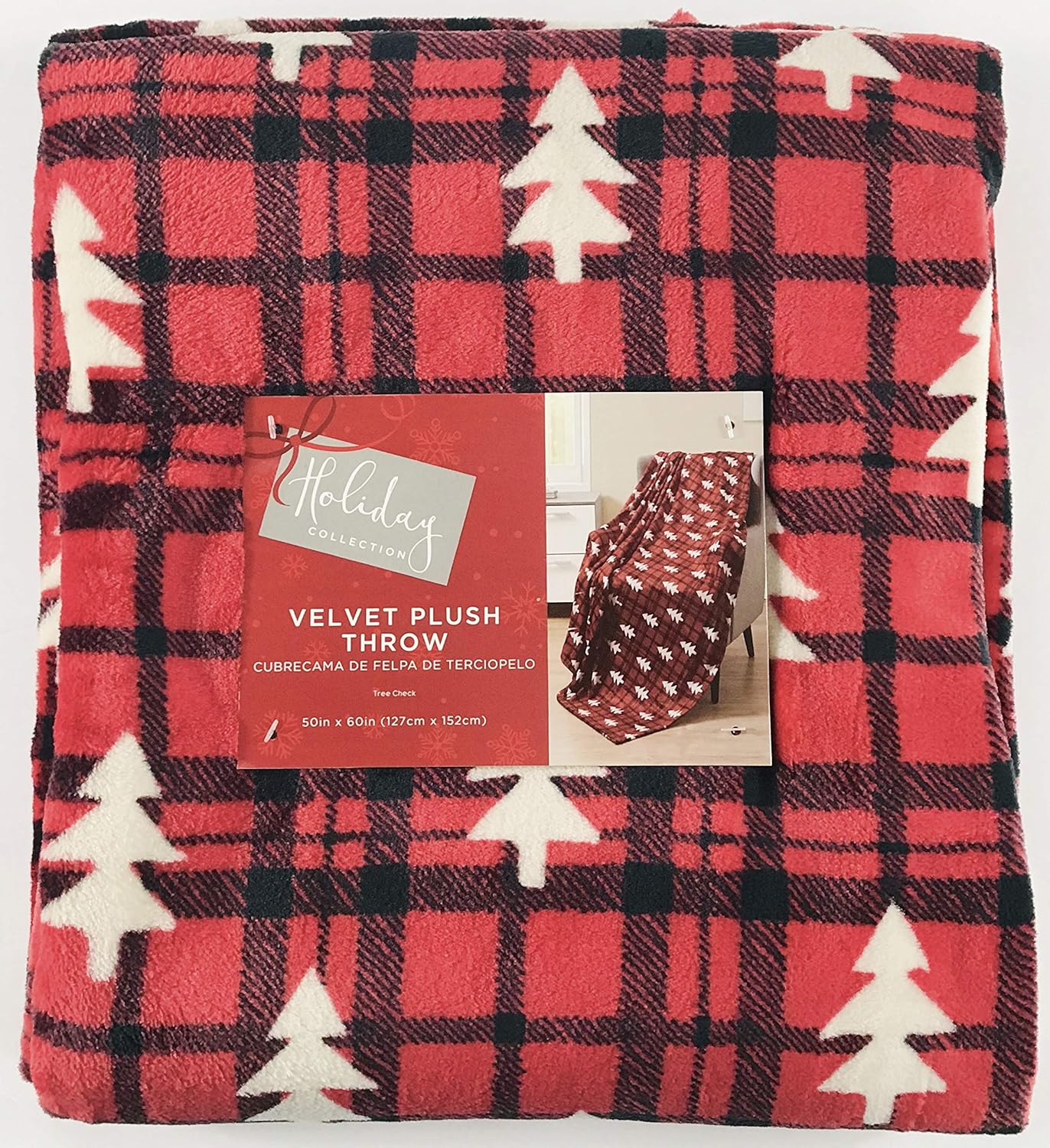 Christmas Tartan Decorative Throw Blanket: Soft Comfy Fleece with Red and Black Plaid Pattern with White Tree Accent for Couch Bed, Colored: Red Black White (Tree Check)