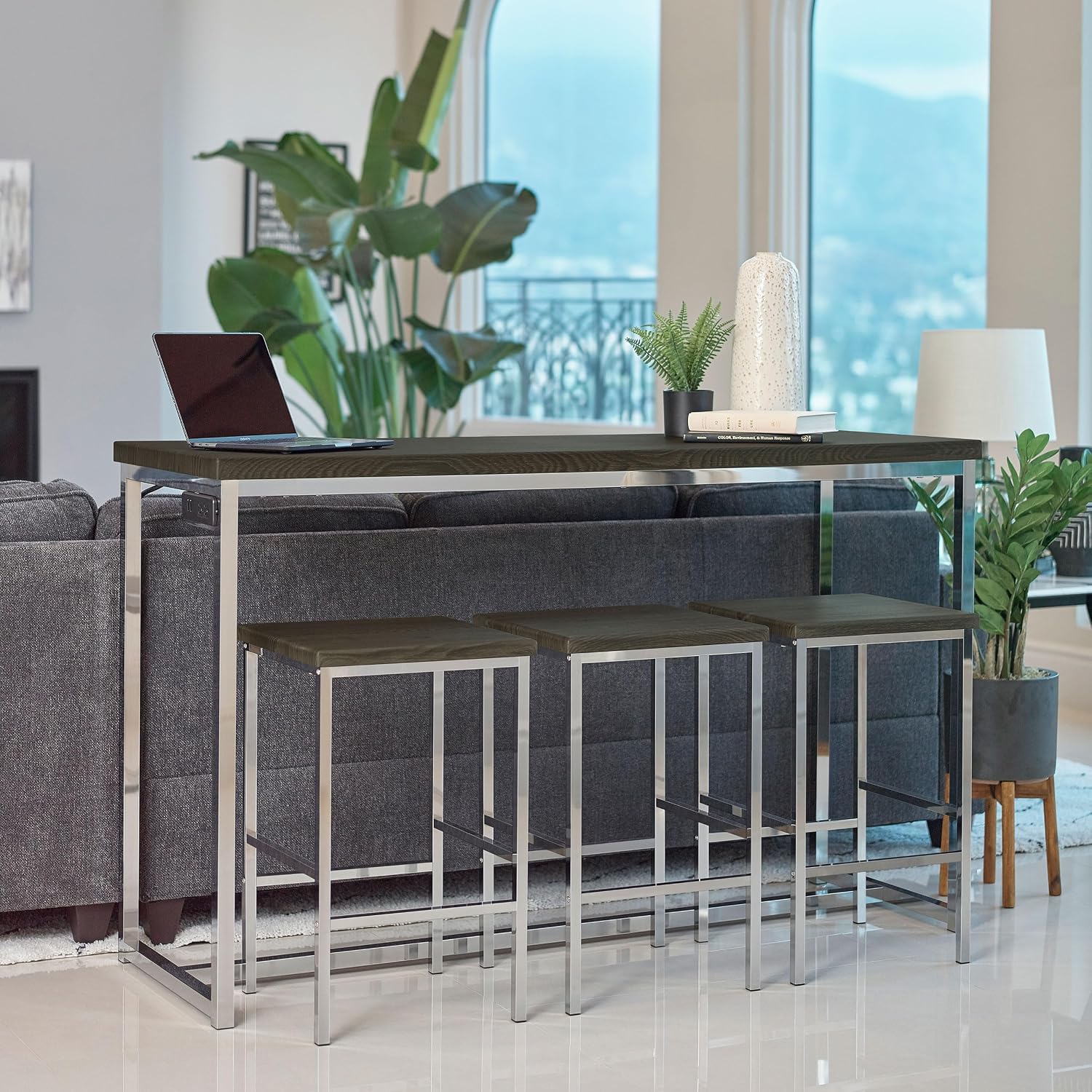 Coaster Home Furnishings - Cassidy - 4-Piece Counter Height Dining Table Set - Rectangular Table, Backless Stools with Footrest - Dining Room & Kitchen - Dark Oak & Chrome - 182255