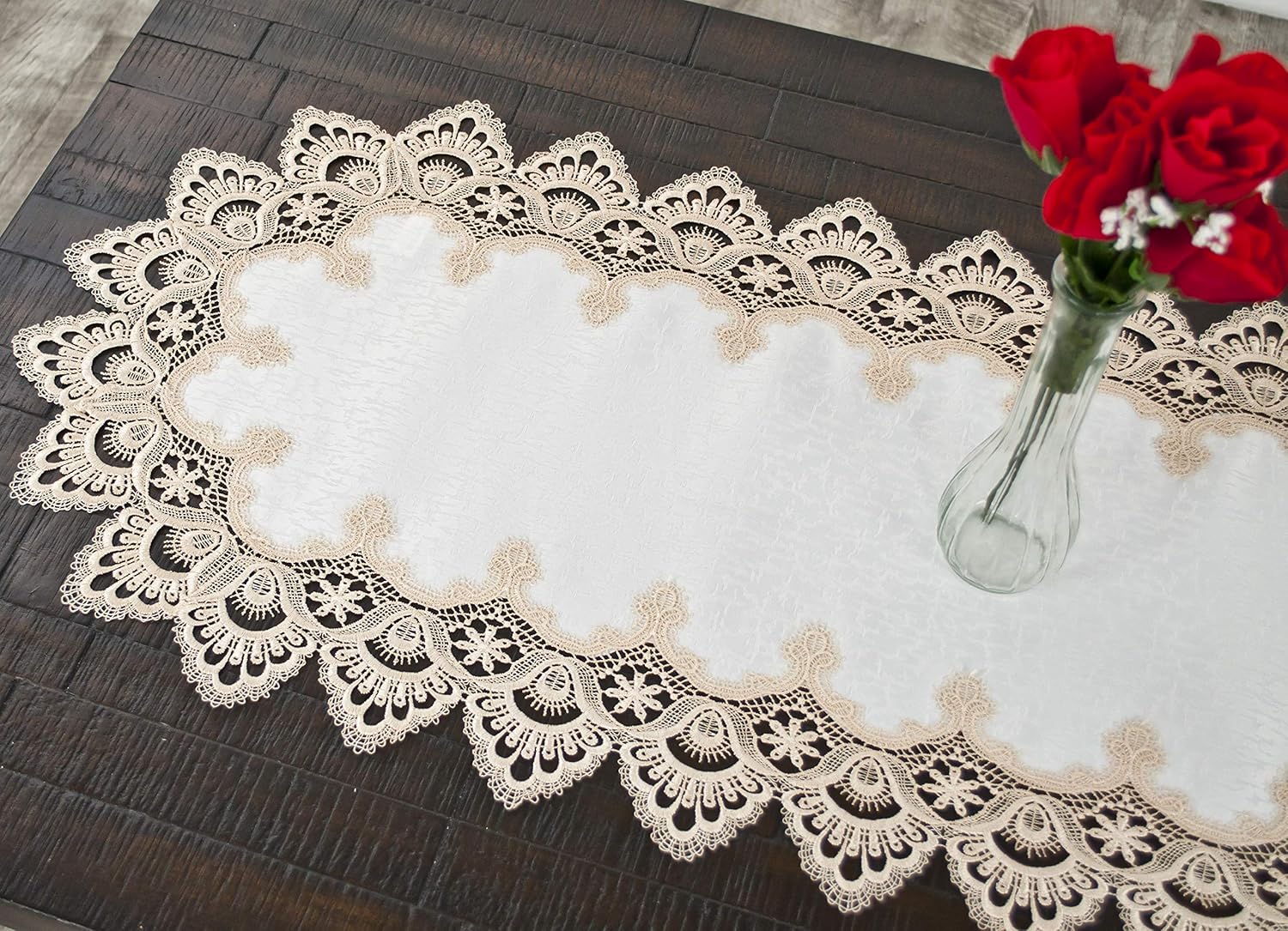 Gold European Lace and Antique Jacquard Fabric Table Runner (16Wx70L)