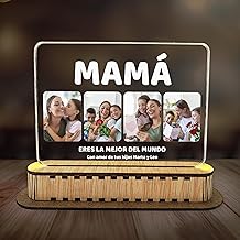 Personalised Lamp with Photos and Phrase for Mum – Gift for Mother's Day and Birthday – Original Ideas – Design with Word 'Mom' on Acrylic Plate with Light