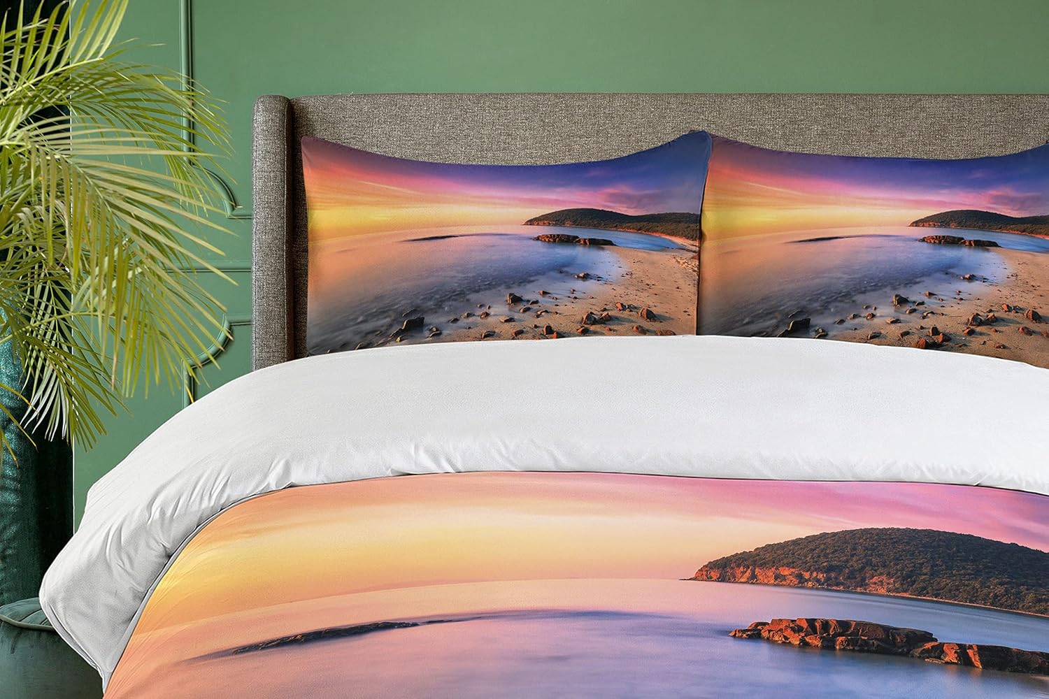 Ambesonne Beach Duvet Cover Set, Famous Mediterranean Sun Rise on The Coast Pebbles Tourism Serene View Print, Decorative 3 Piece Bedding Set with 2 Pillow Shams, King Size, Orange Violet King Orange Violet
