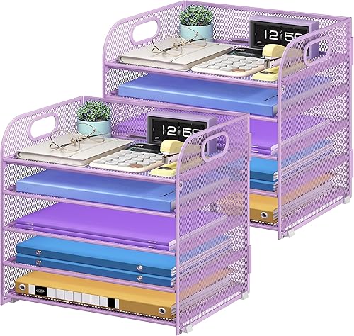 Miniatura 15 de Organizador de papel de 5 niveles con asa, organizador de escritorio de malla de metal plateado, carpeta de archivos, bandeja de papel para cartas,